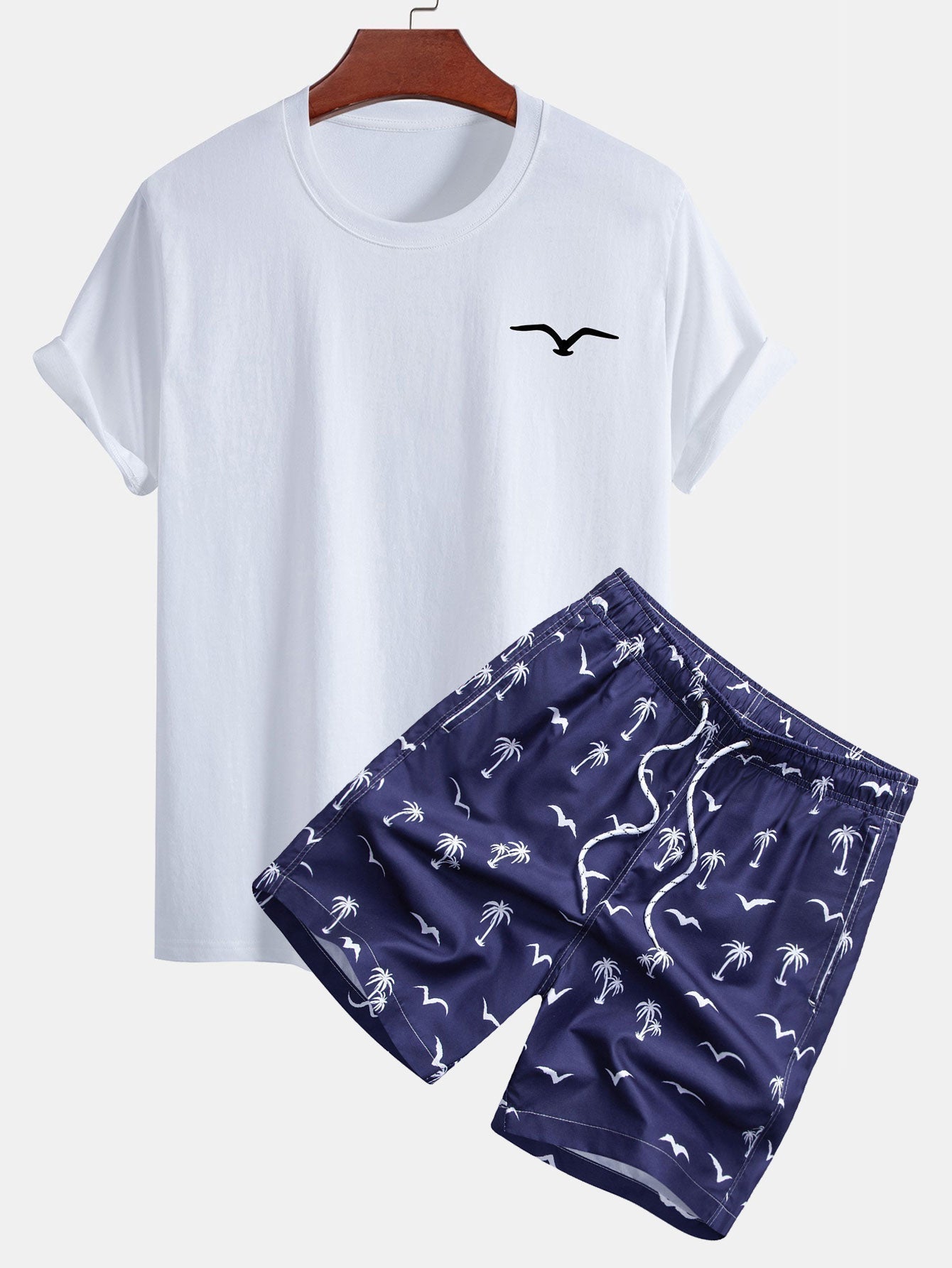 Regular Fit Seagull Print Cotton T-Shirt & Palm Tree Seagull Print Swim Shorts