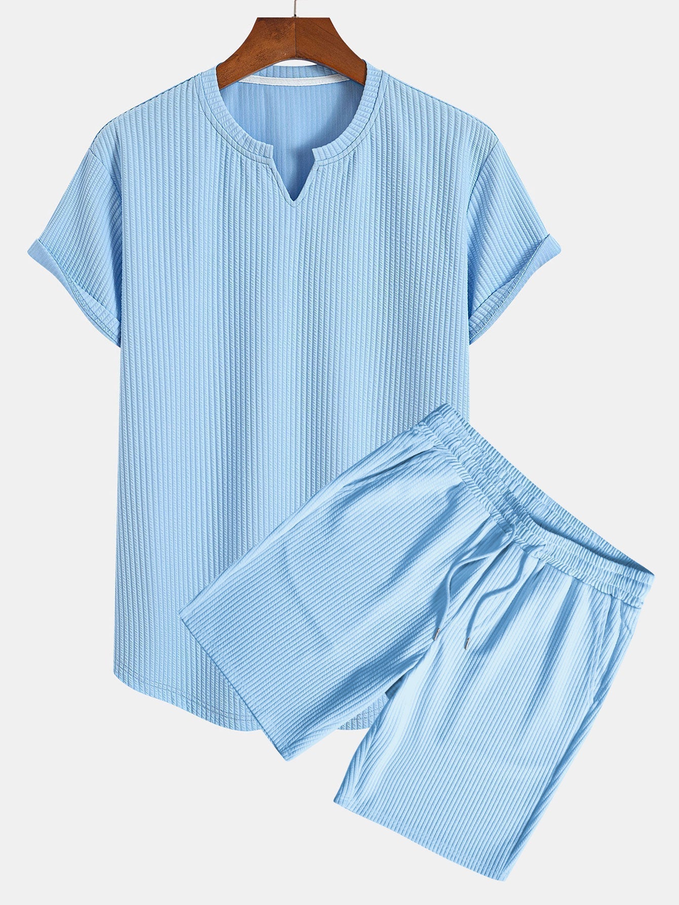 Muscle Fit Notch Ribbed Arc Hem T-Shirt & Drawstring Ribbed Shorts