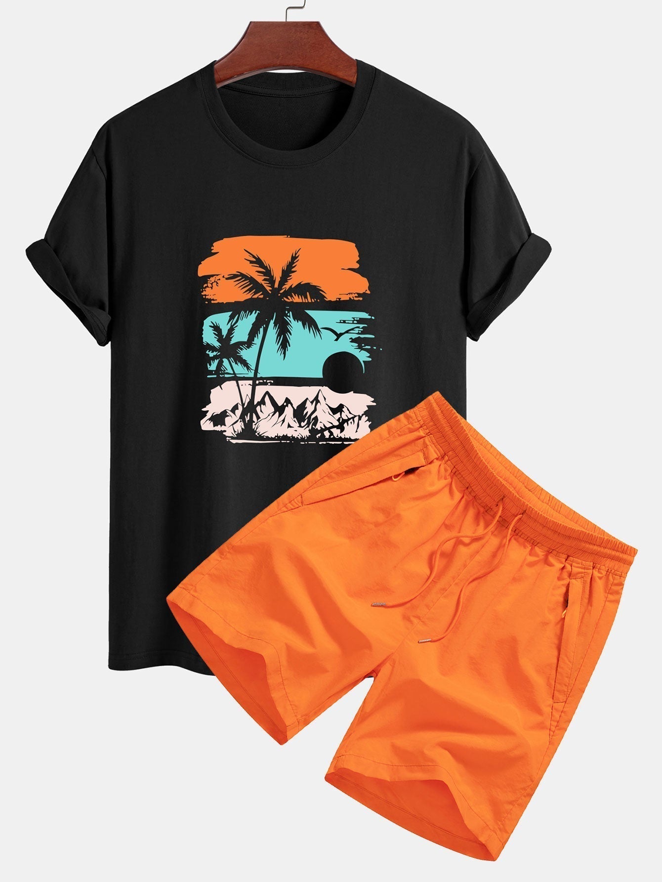 Regular Fit Palm Tree Silhouette Print Cotton T-Shirt & Swim Shorts