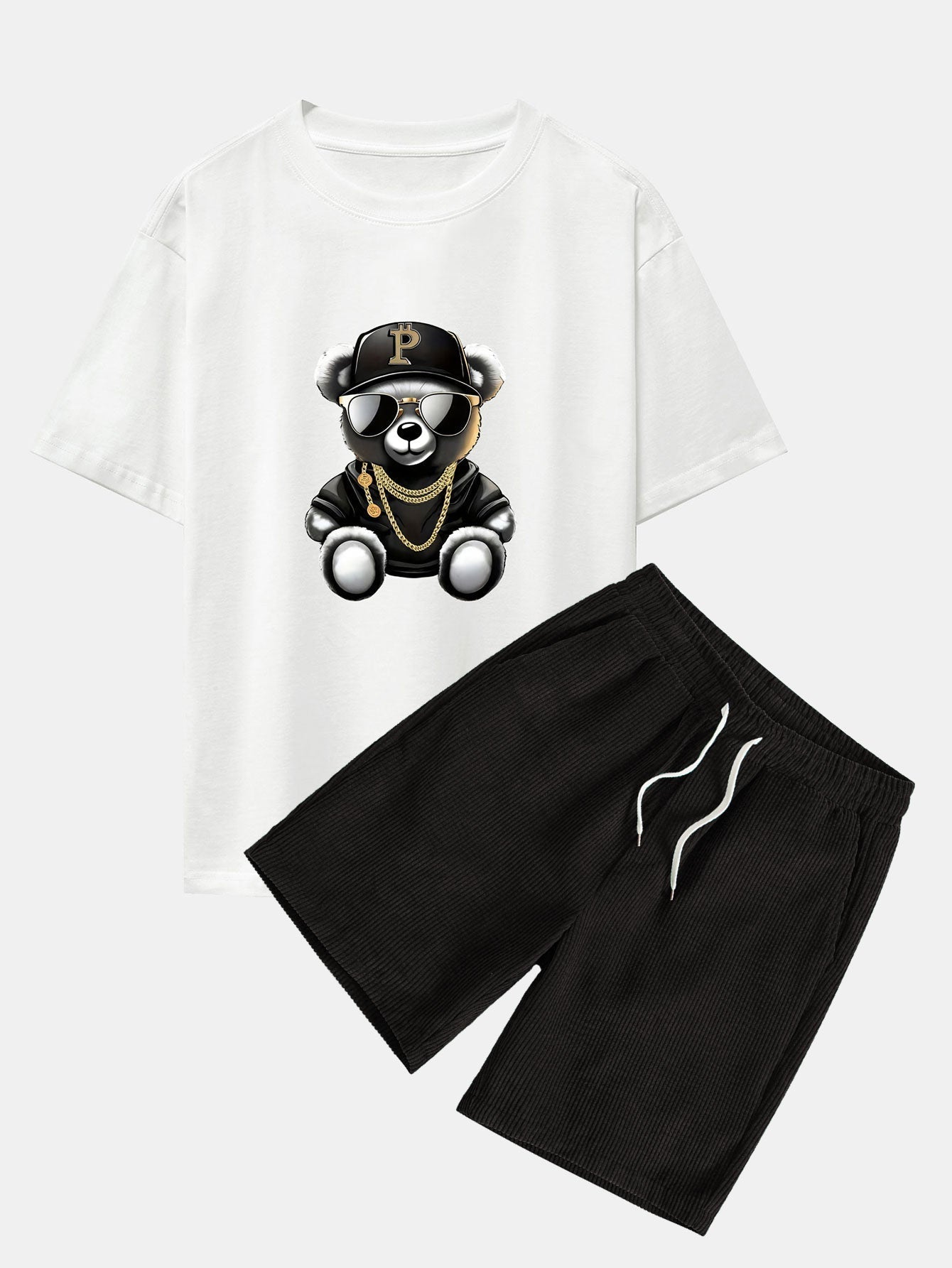 Hip Hop Bear Print Drop Shoulder Oversize T-Shirt & Drawstring Corduroy Shorts