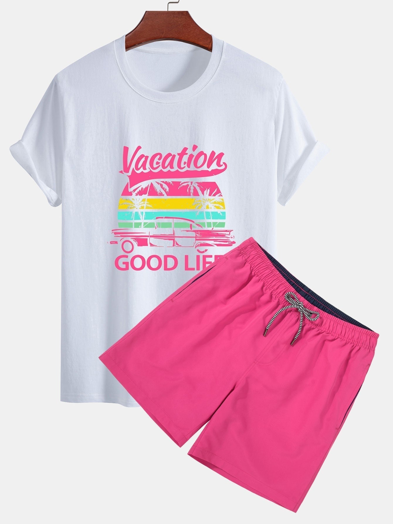Regular Fit Good Life On Vacation Print Cotton T-Shirt & Contrast Waistband Swim Shorts