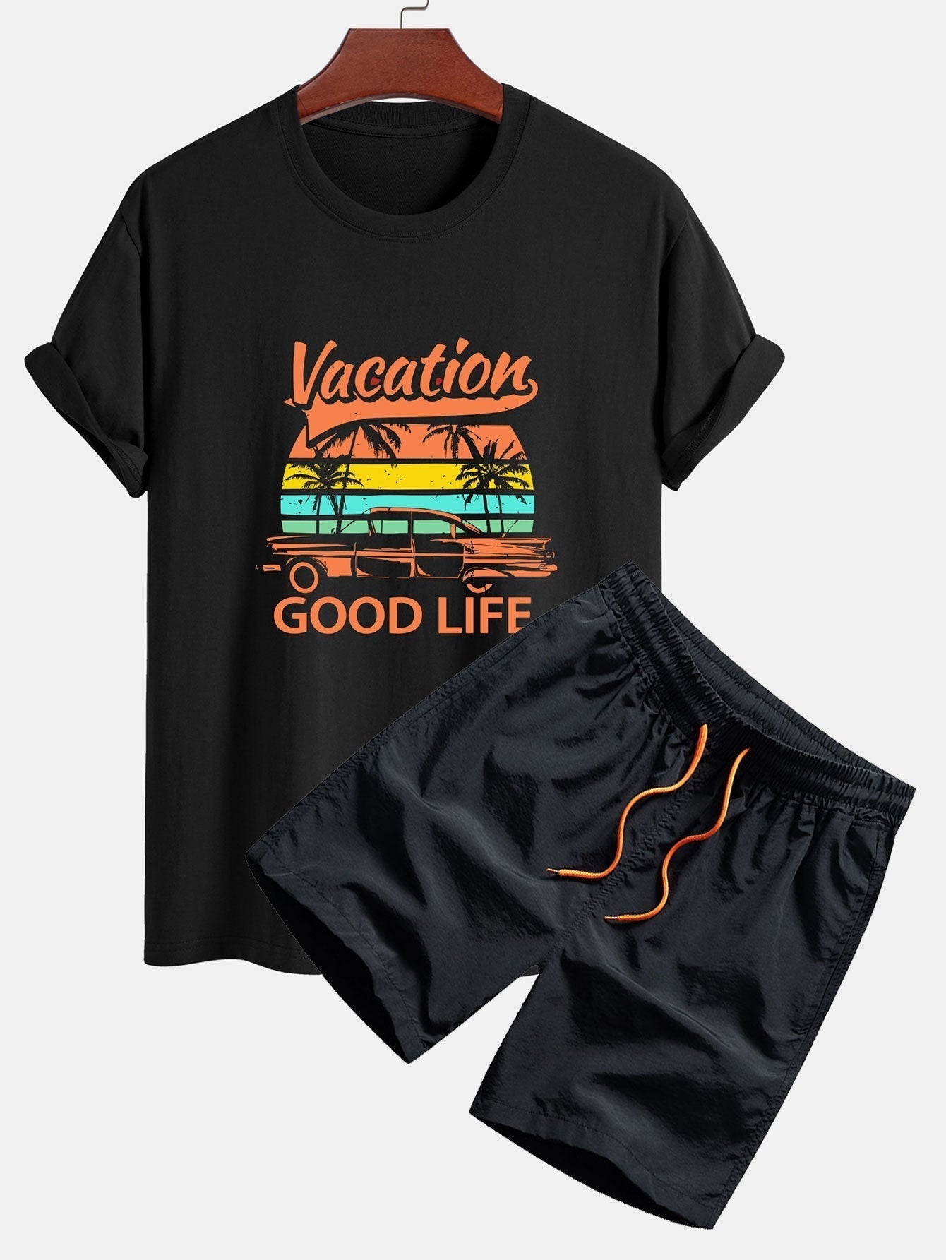 Regular Fit Good Life On Vacation Print Cotton T-Shirt & Man Mid Length Drawstring Swim Shorts