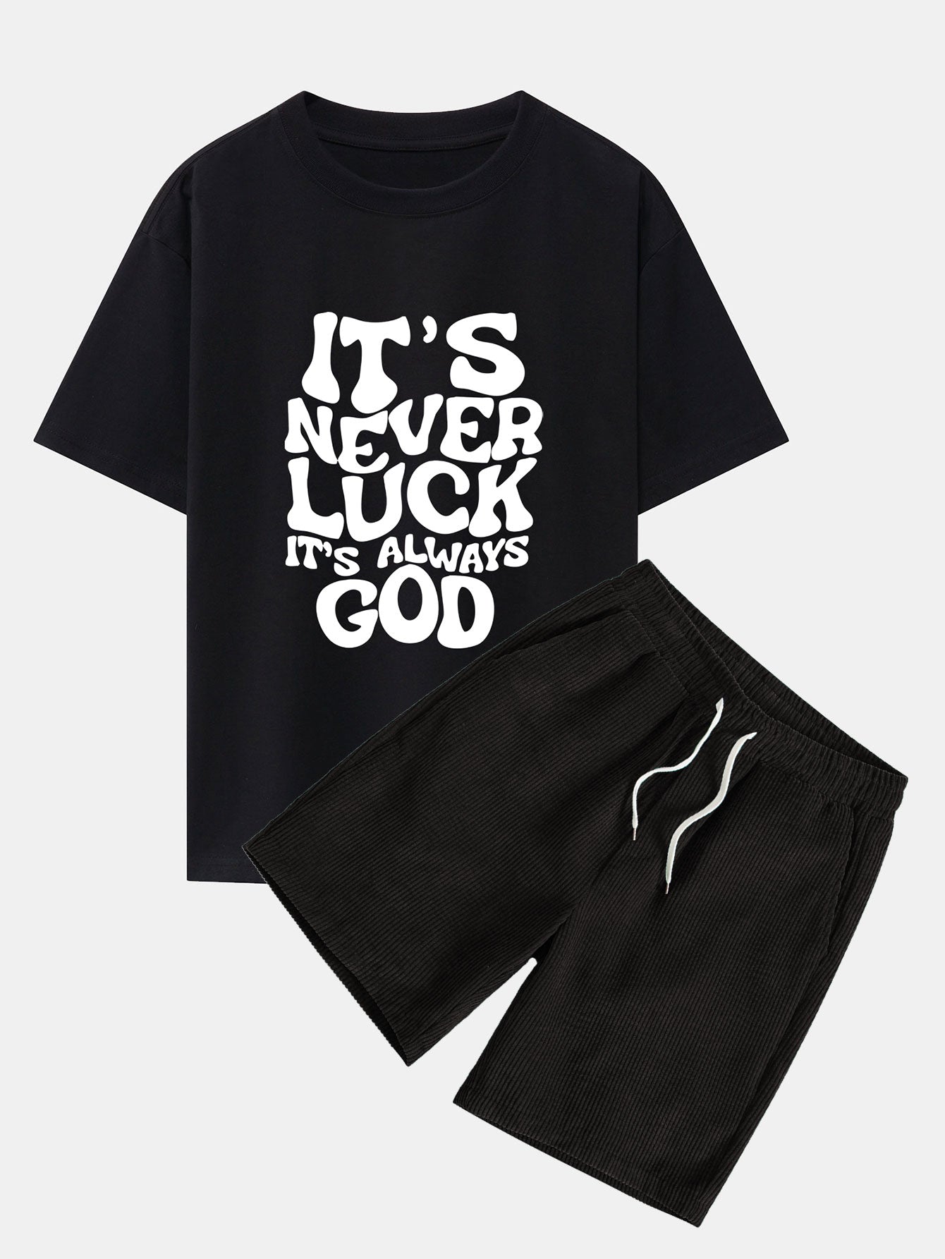 God Slogan Print Drop Shoulder Oversize T-Shirt & Drawstring Corduroy Shorts