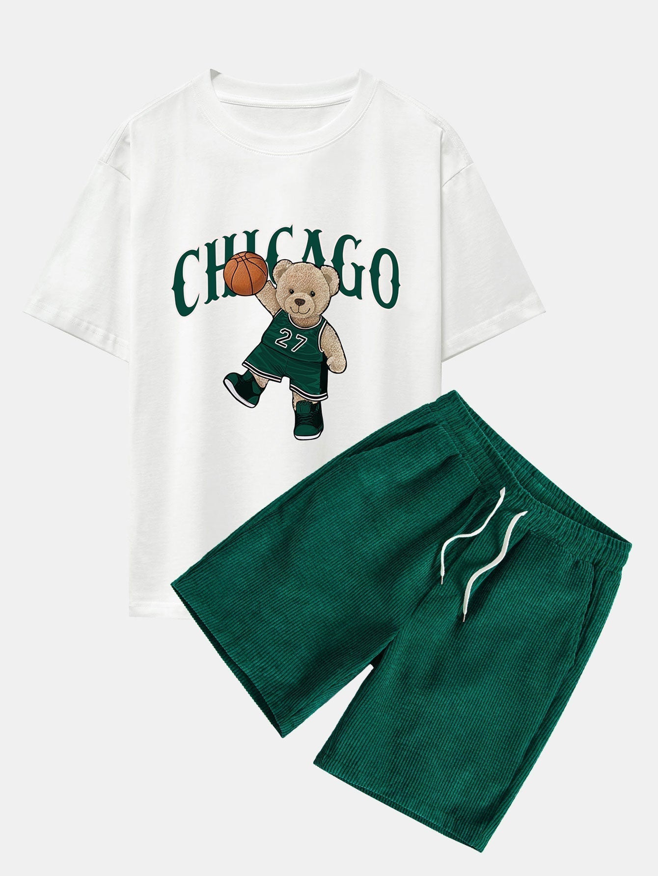 Chicago Basketball Bear Print Drop Shoulder Oversize T-Shirt & Drawstring Corduroy Shorts