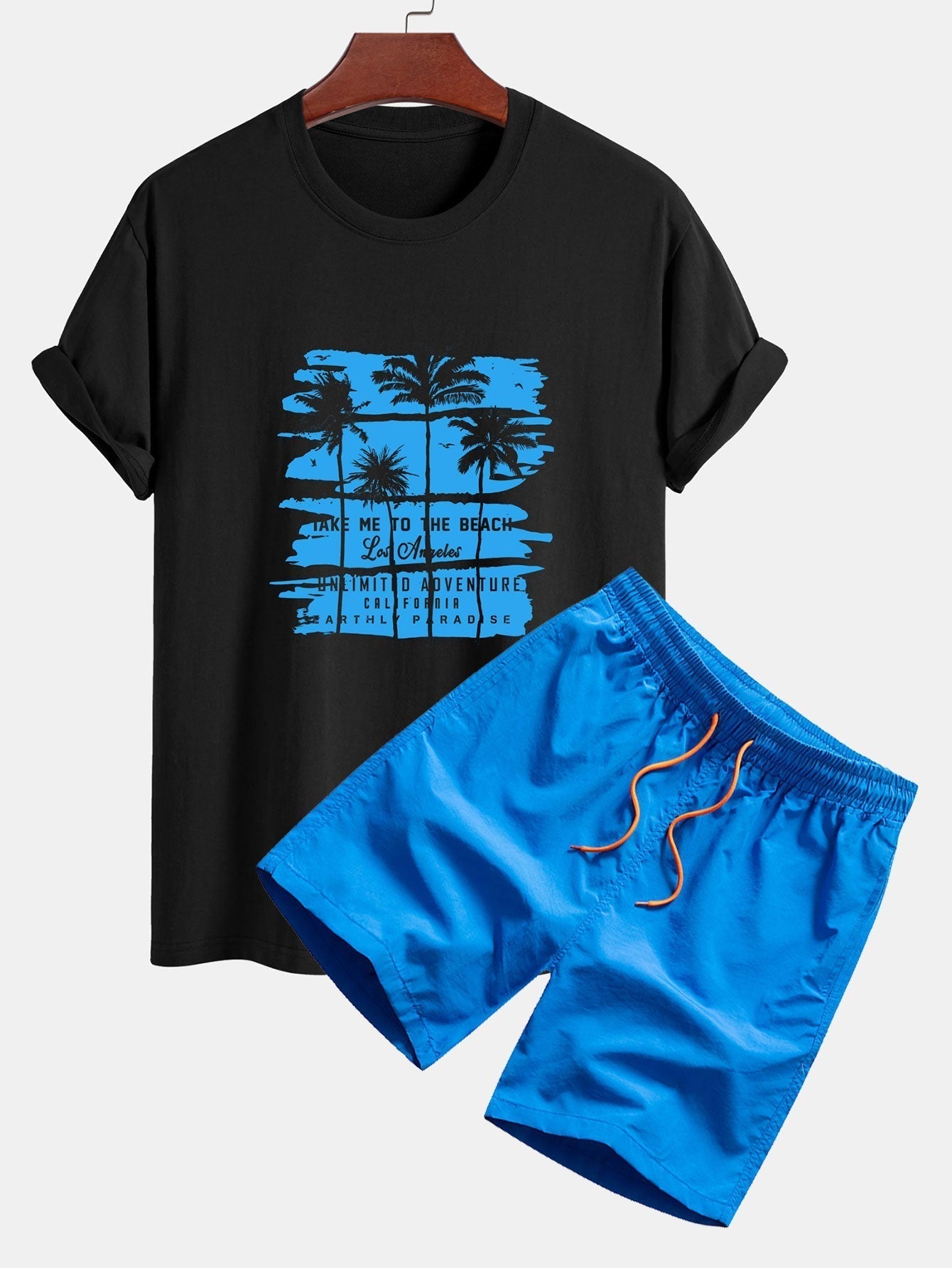 Palm Tree Silhouette Print Cotton T-Shirt & Man Mid Length Drawstring Swim Shorts