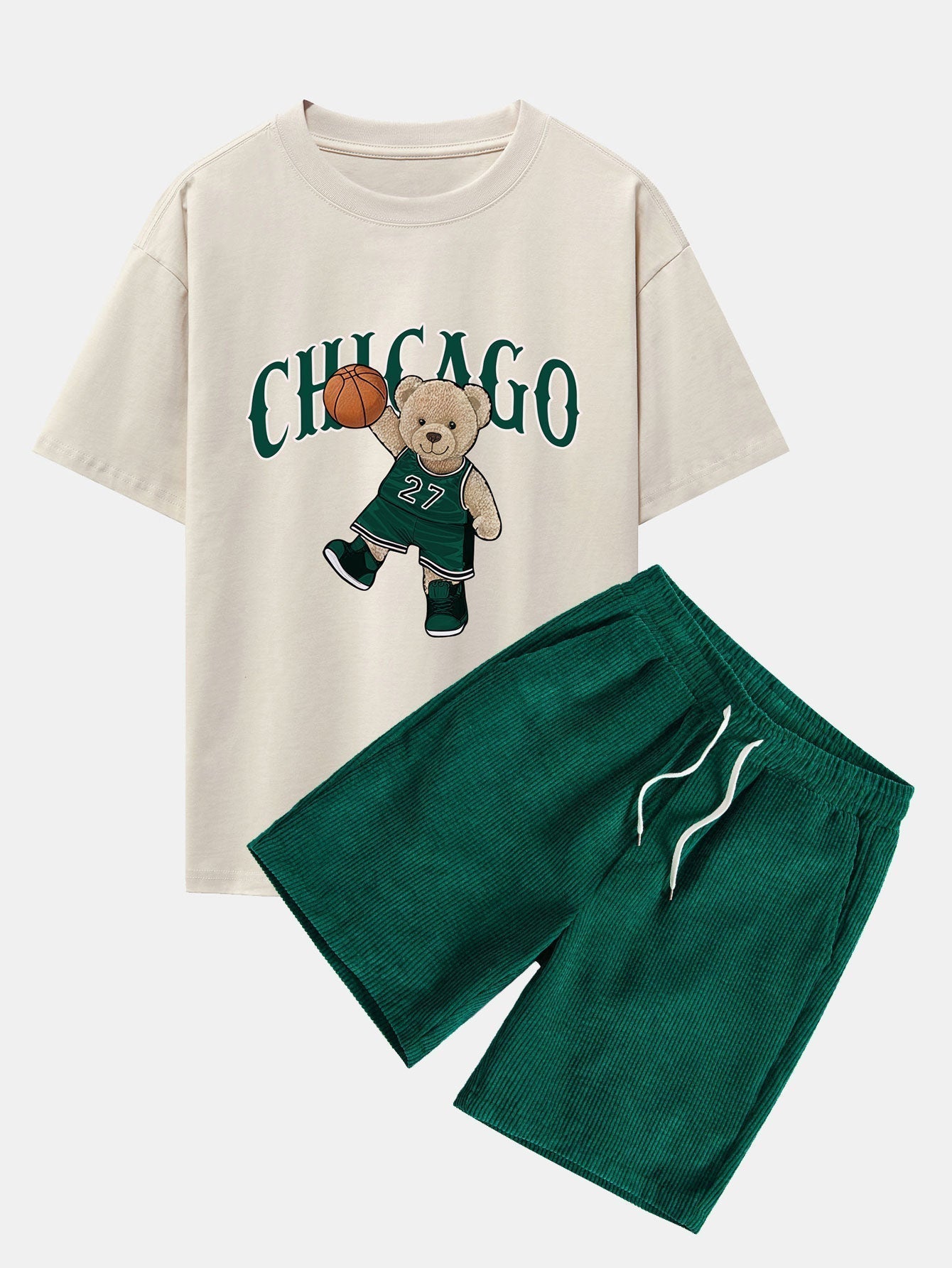 Chicago Basketball Bear Print Drop Shoulder Oversize T-Shirt & Drawstring Corduroy Shorts