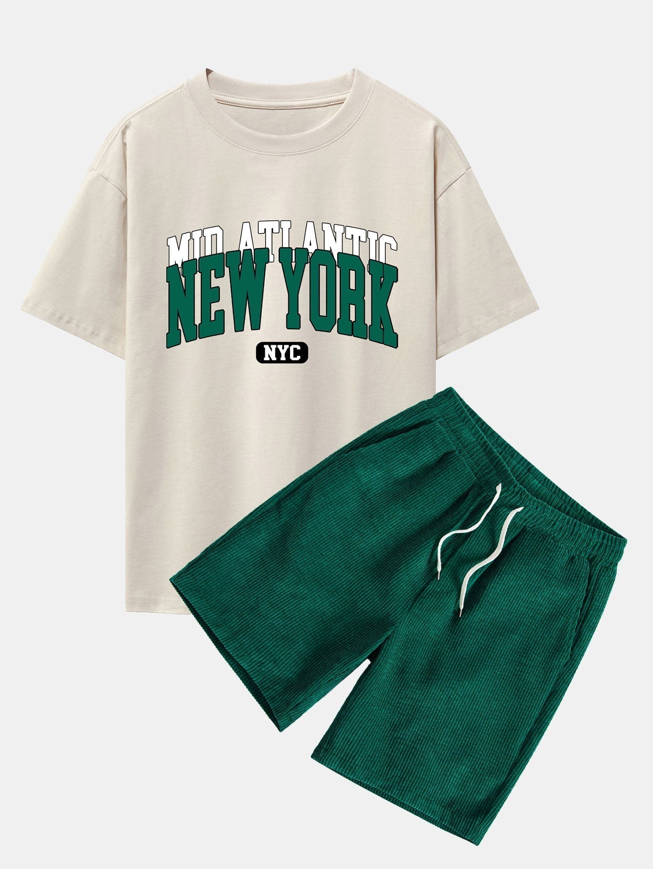 New York Print Drop Shoulder Oversize T-Shirt & Drawstring Corduroy Shorts