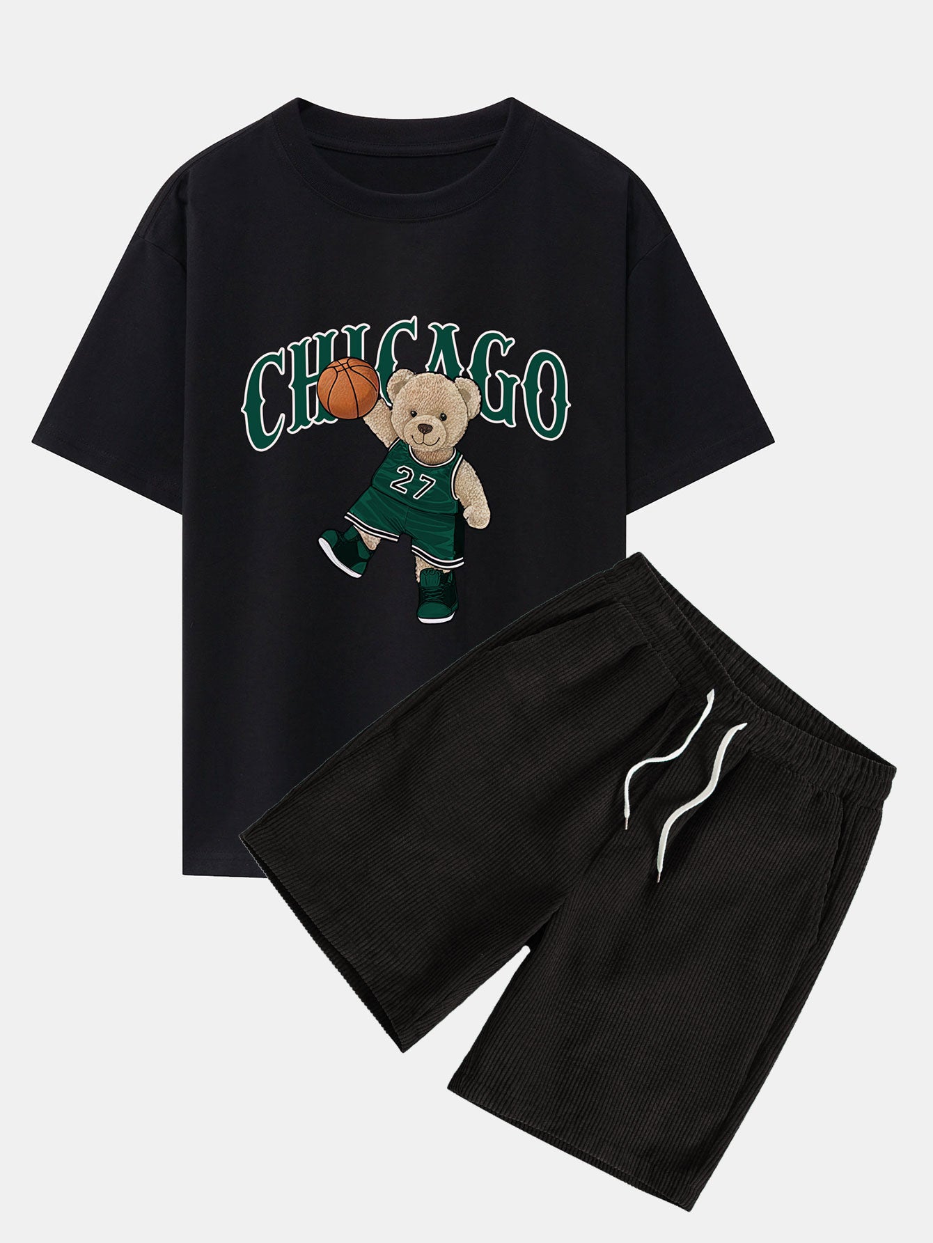 Chicago Basketball Bear Print Drop Shoulder Oversize T-Shirt & Drawstring Corduroy Shorts