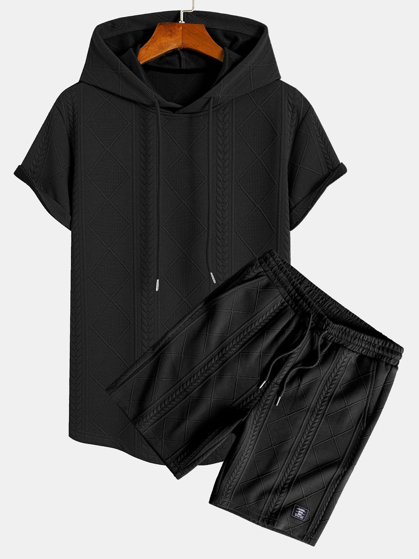Geometry Jacquard Hooded Arc Hem T-Shirt & Geometric Jacquard Drawstring Shorts