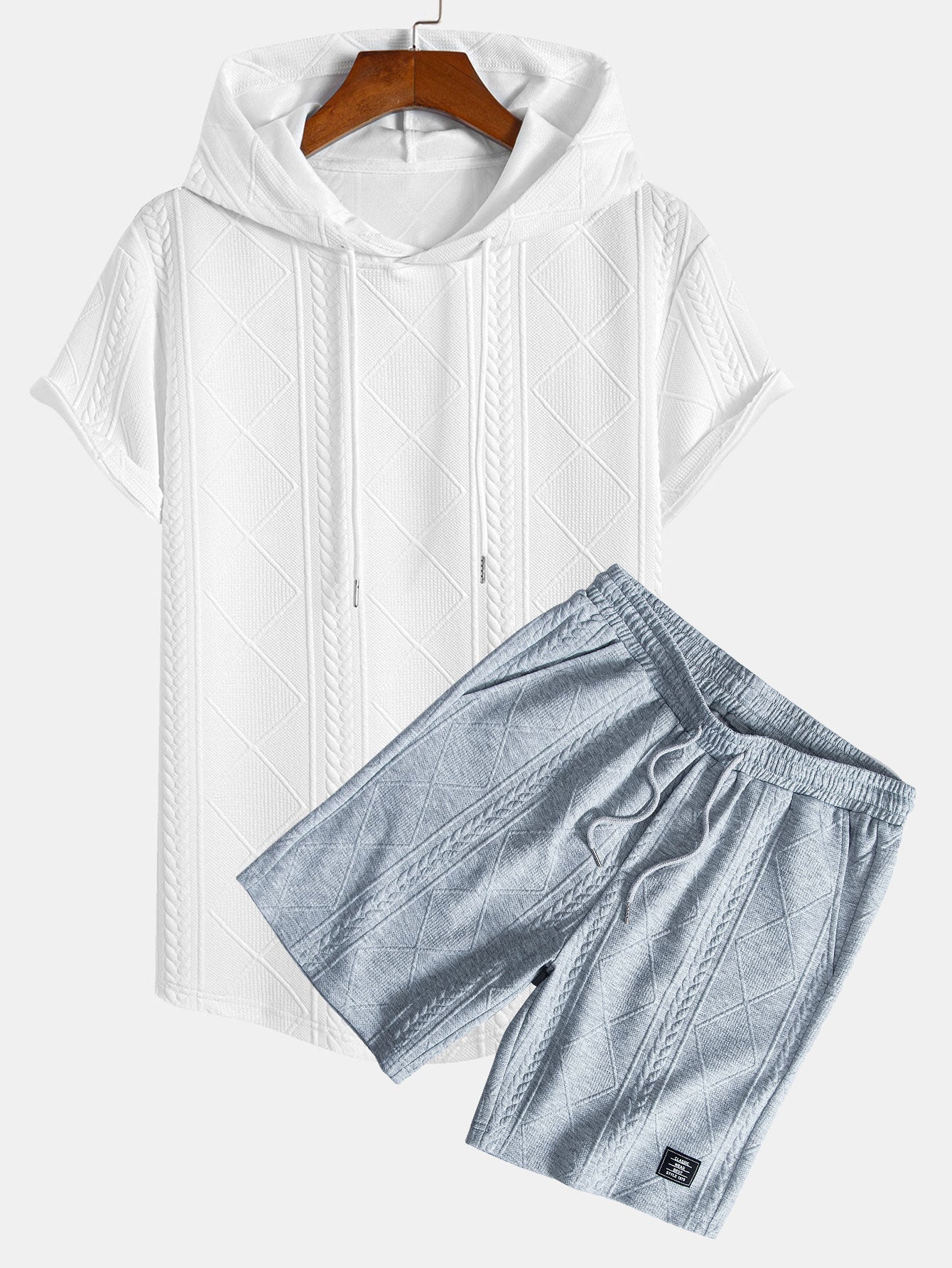 Geometry Jacquard Hooded Arc Hem T-Shirt & Geometric Jacquard Drawstring Shorts