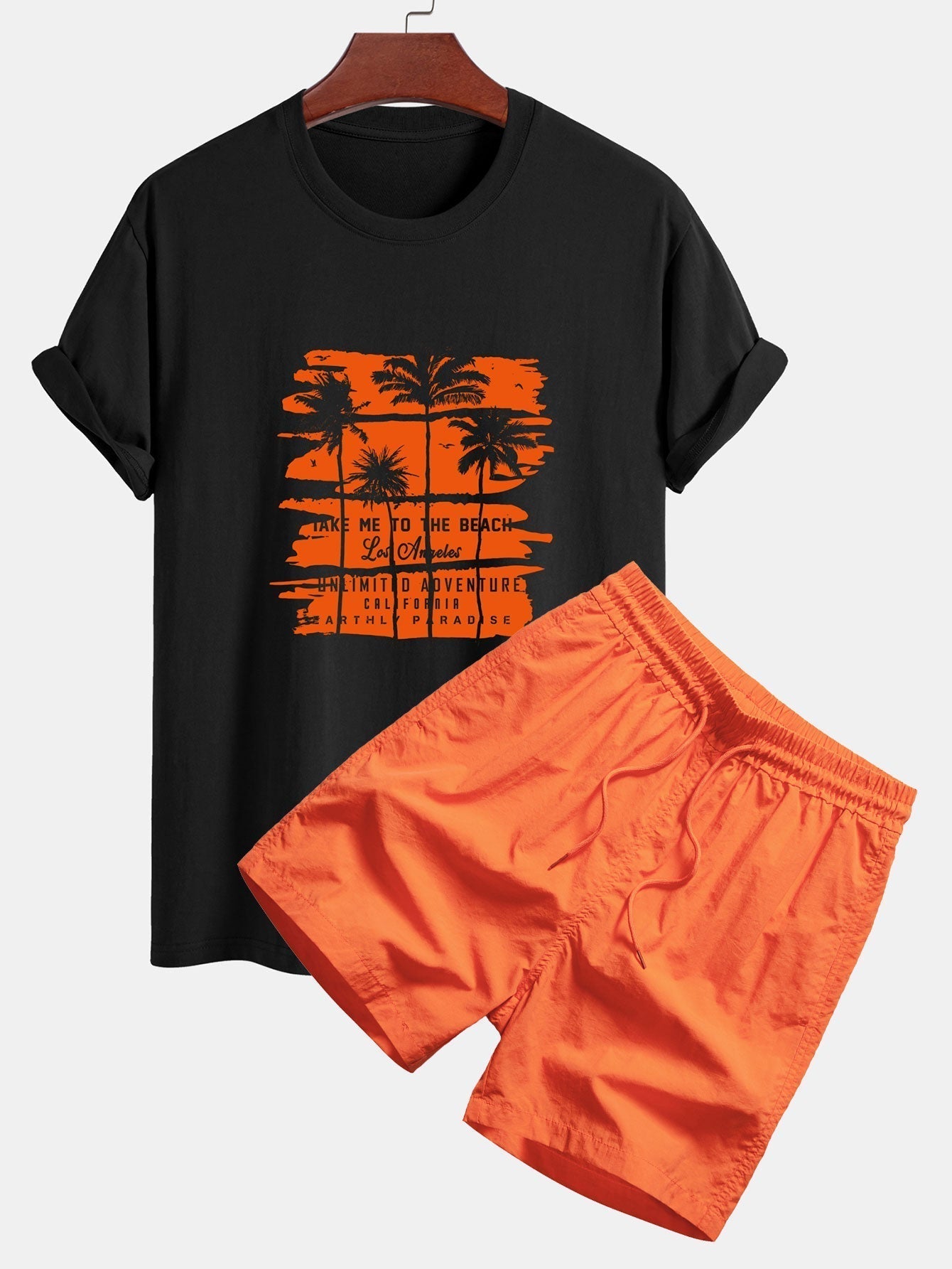 Palm Tree Silhouette Print Cotton T-Shirt & Man Mid Length Drawstring Swim Shorts