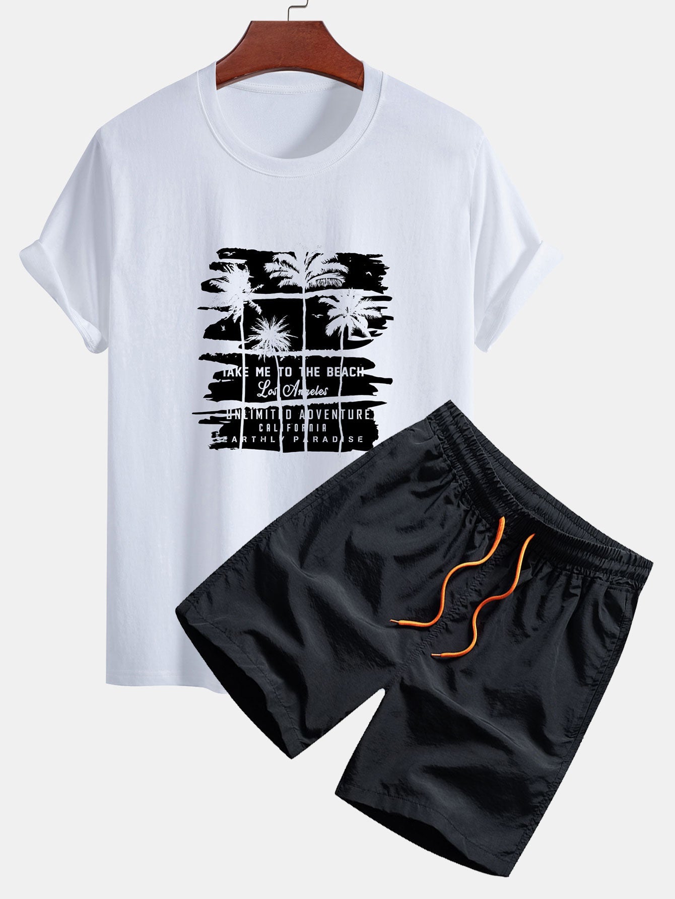 Palm Tree Silhouette Print Cotton T-Shirt & Man Mid Length Drawstring Swim Shorts