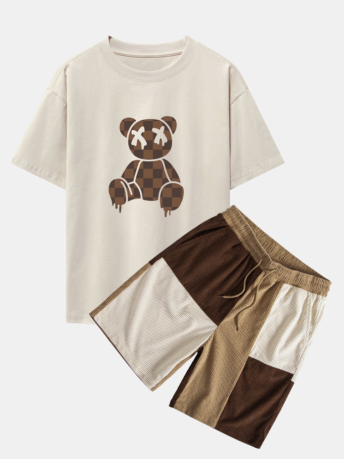 Checkerboard Dissolving Bear Drop Shoulder Oversize T-Shirt & Colorblock Corduroy Shorts