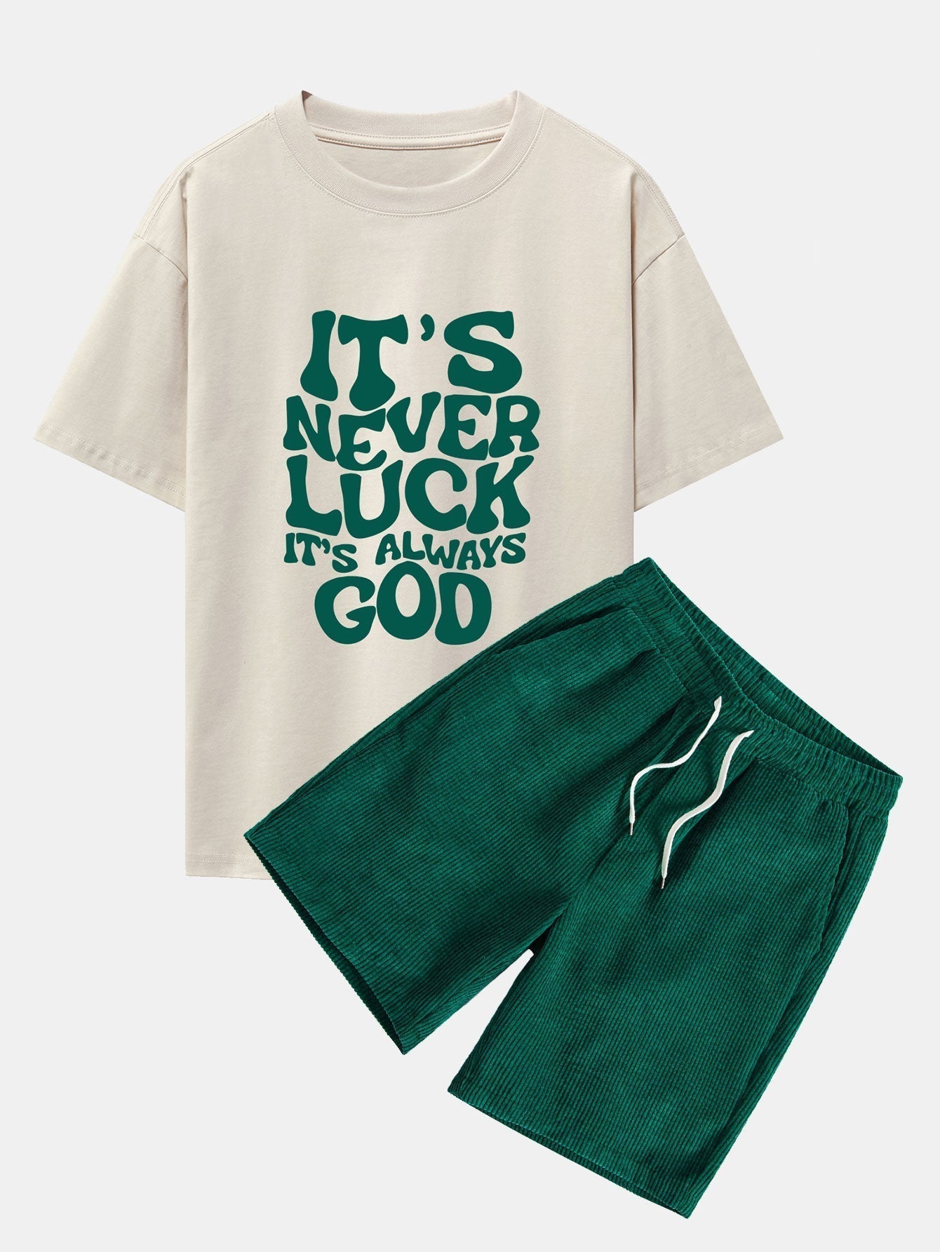 God Slogan Print Drop Shoulder Oversize T-Shirt & Drawstring Corduroy Shorts