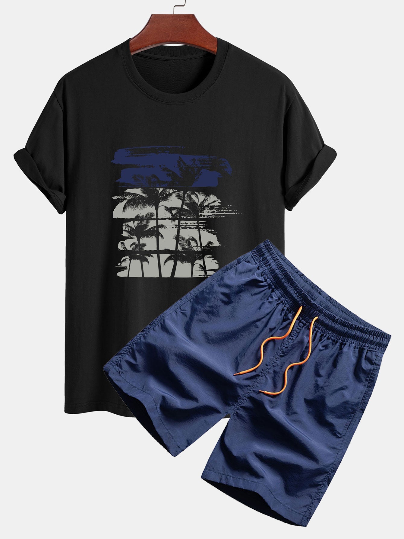 Palm Tree Silhouette Print Cotton T-Shirt & Swim Shorts