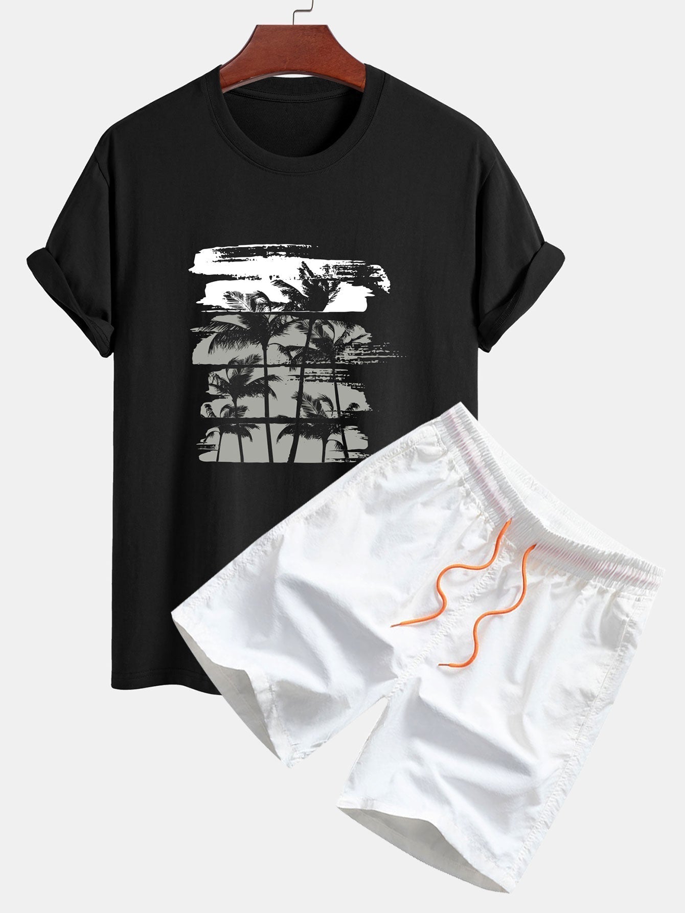 Palm Tree Silhouette Print Cotton T-Shirt & Swim Shorts