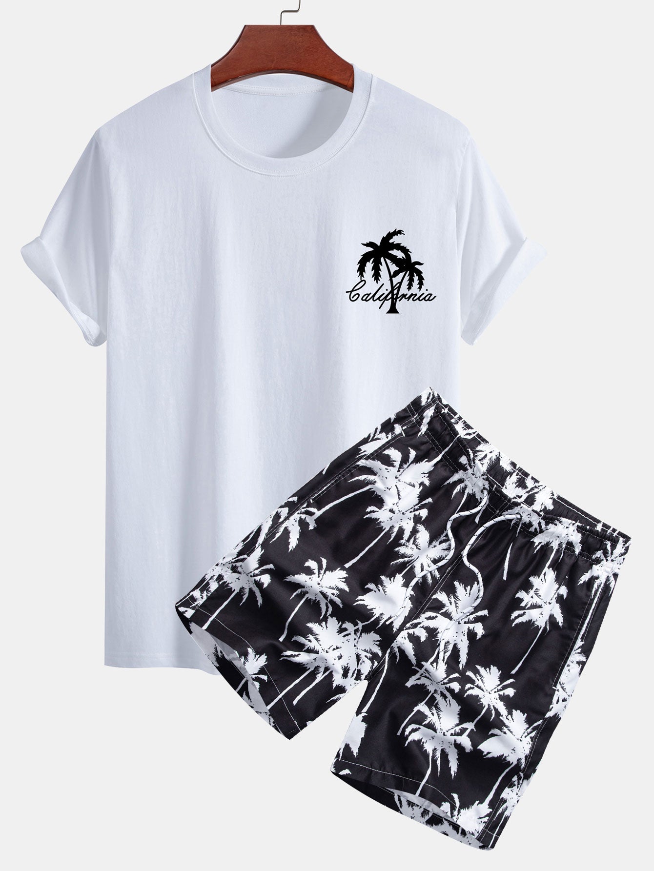 Regular Fit California Palm Tree Print Cotton T-Shirt & Palm Tree Print Swim Shorts