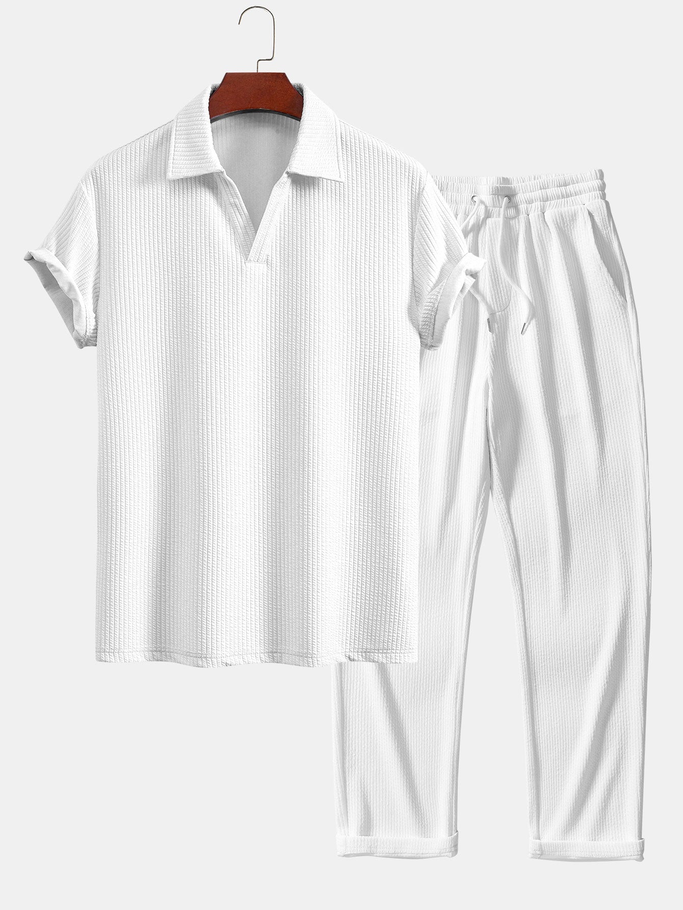 Short Sleeved V-Neck Ribbed Polo & Straight Leg Ribbed Pants