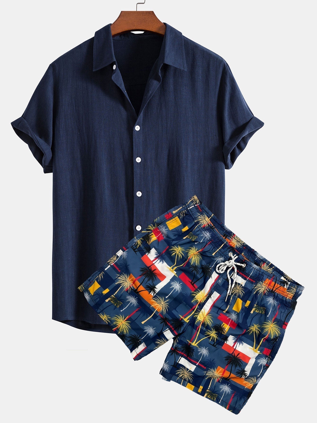 Linen Rayon Blend Button Up Shirt & Palm Tree Color Block Print Swim Shorts