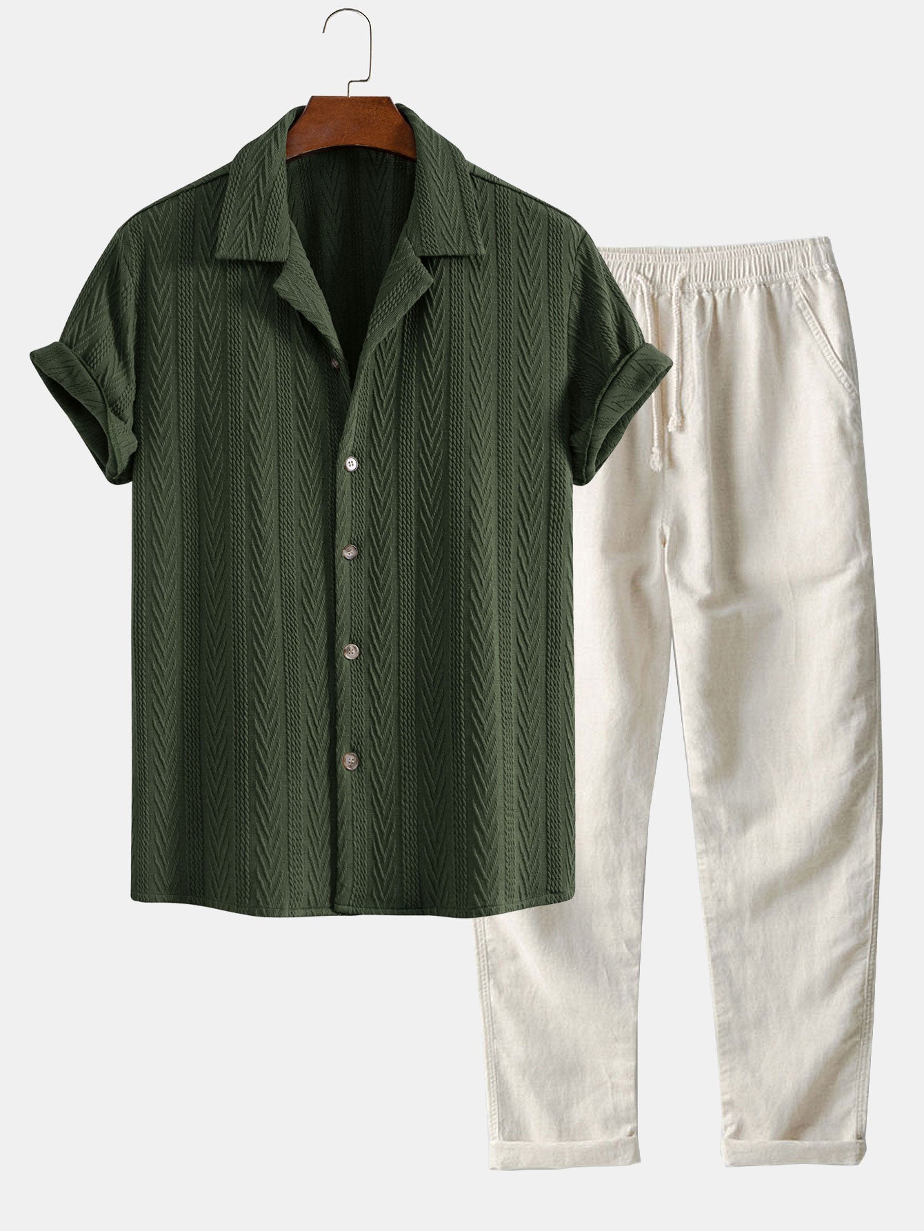 Texture Jacquard Cuban Shirt & Straight Leg Linen Pants