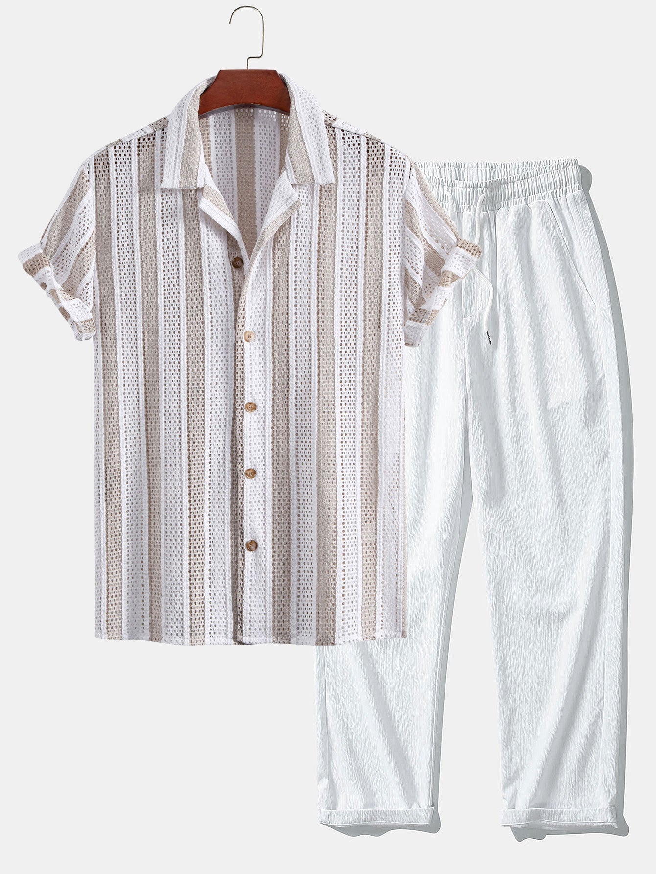 Striped Mesh Cuban Shirt & Wrinkle Textured Straight Leg Pants