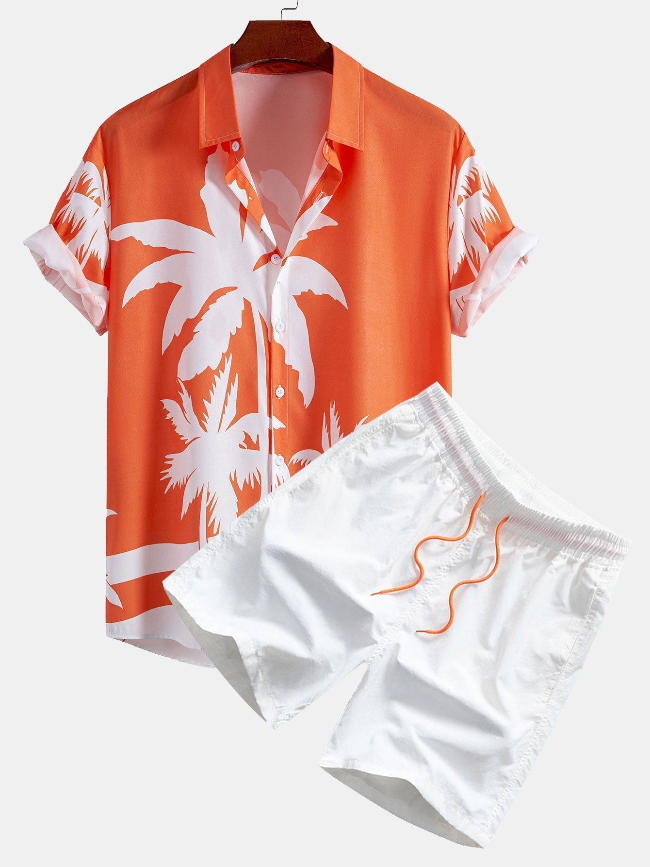 Palm Tree Print Button Up Shirt & Man Mid Length Drawstring Swim Shorts