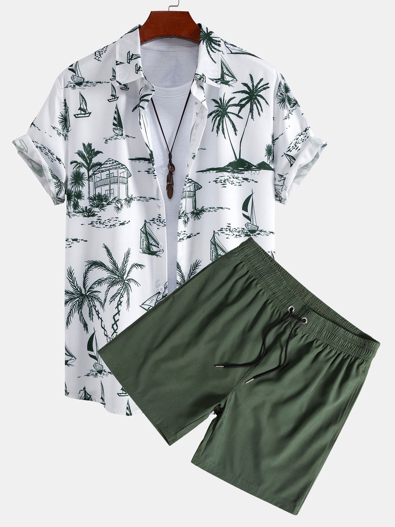 Island Sailing Print Button Up Shirt & Solid Drawstring Swim Shorts