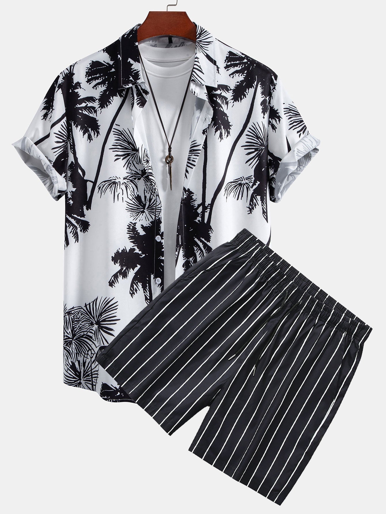 Palm Trees Print Button Up Shirt & Striped Swim Shorts