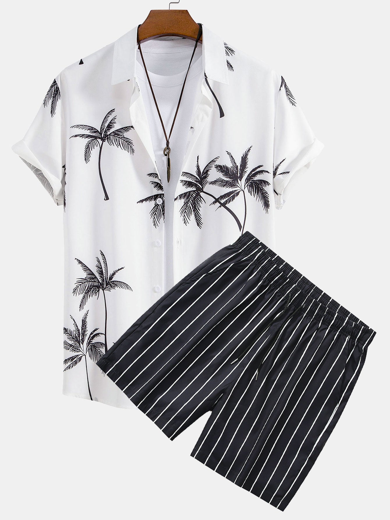 Palm Tree Print Button Up Shirt & Striped Swim Shorts
