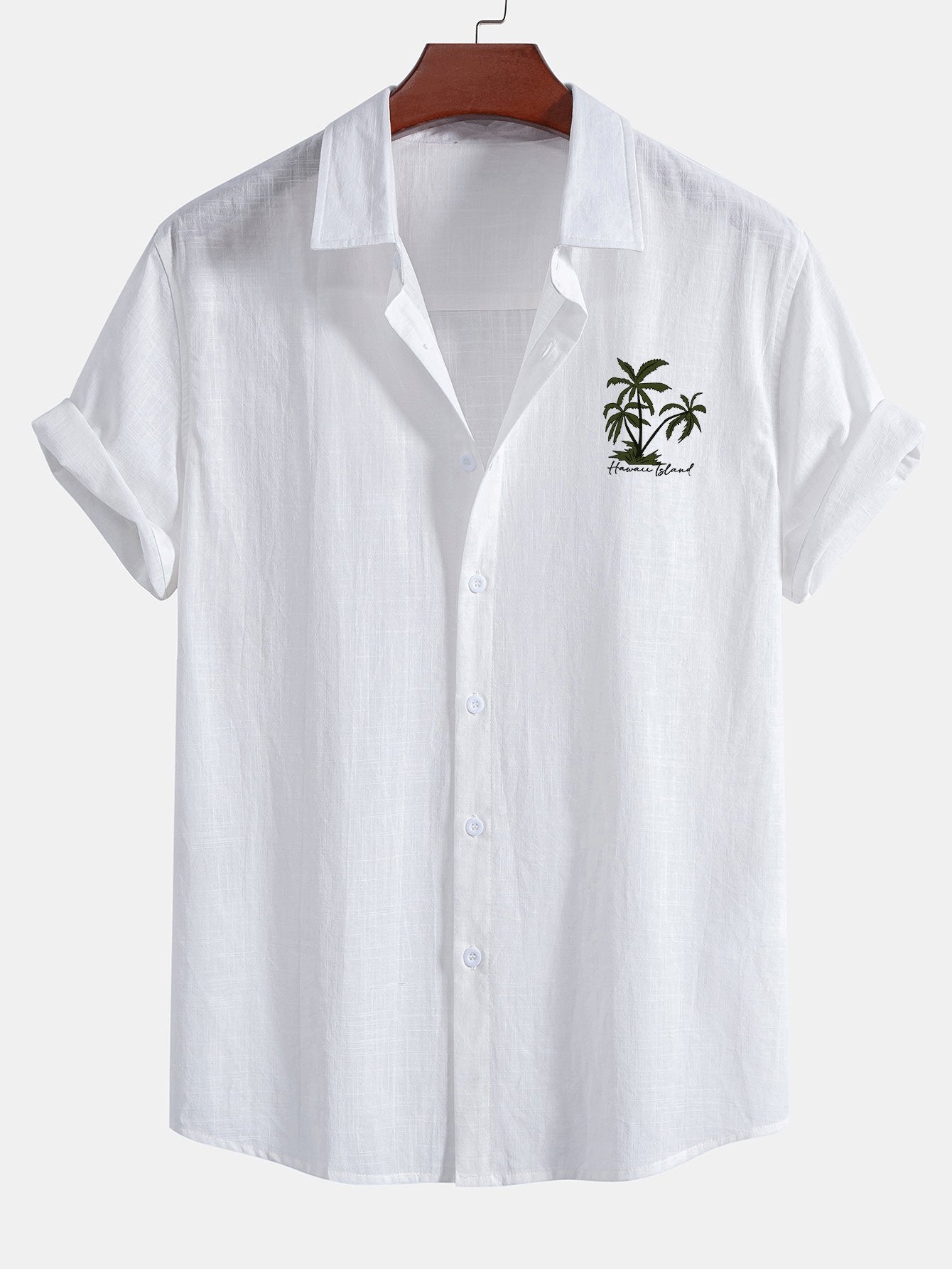 Hawaii Palm Tree Print Linen Look Cotton Button Up Shirt & Linen Cotton Blend Striped Shorts