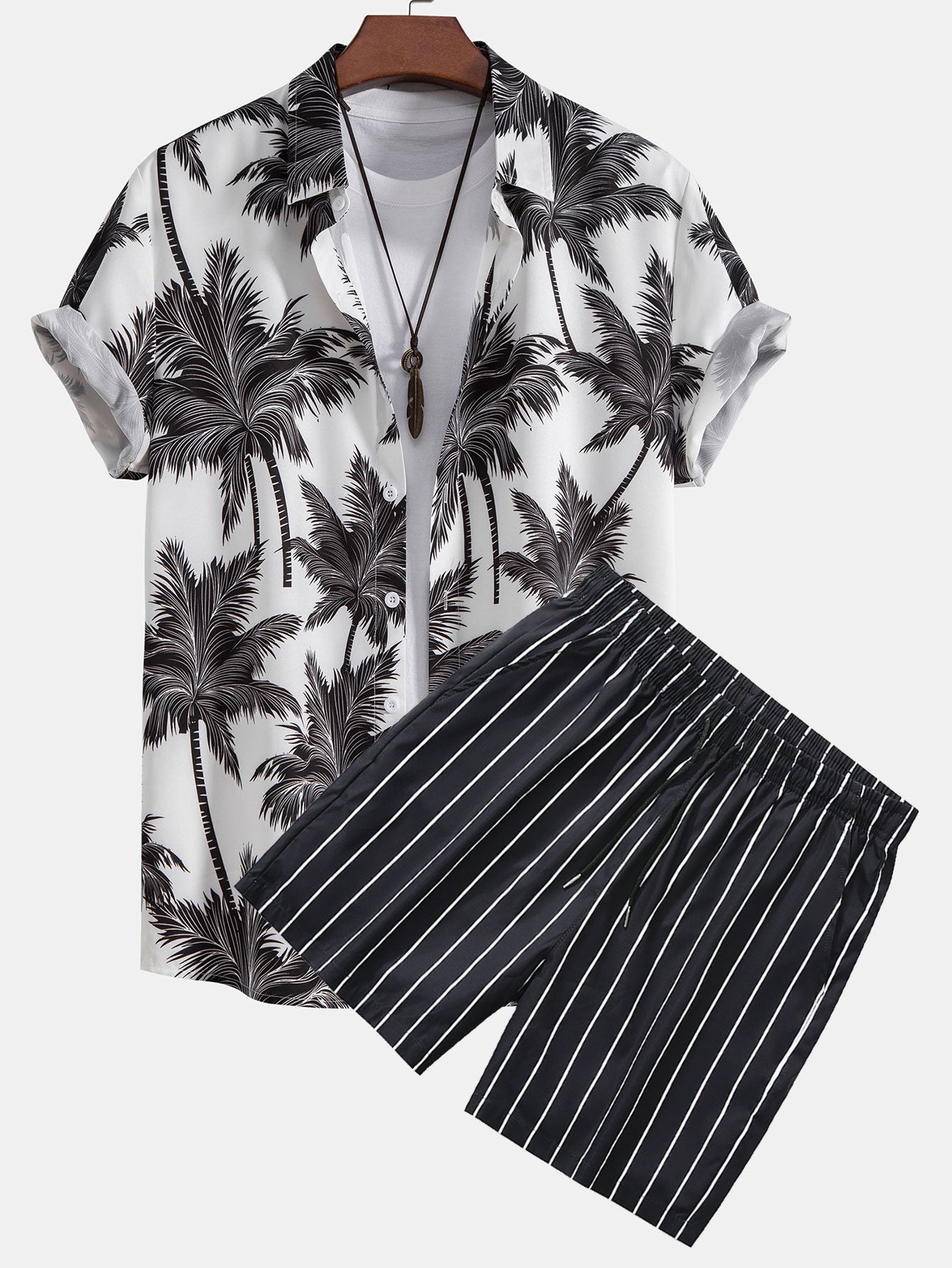 Palm Tree Print Button Up Shirt & Striped Swim Shorts