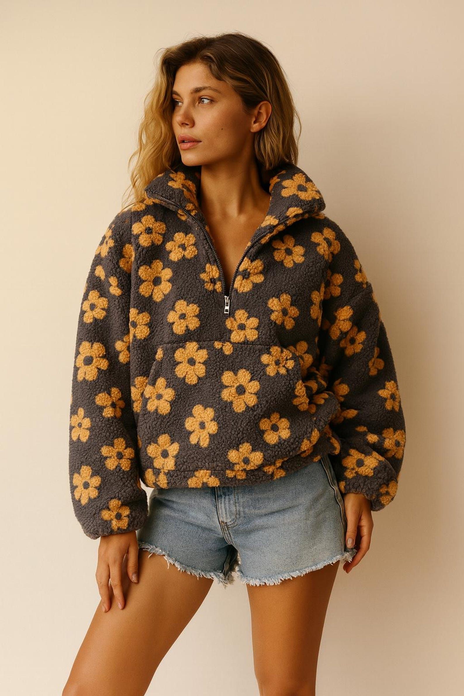 Elena - Pull fleuri en polaire sherpa avec demi-zip