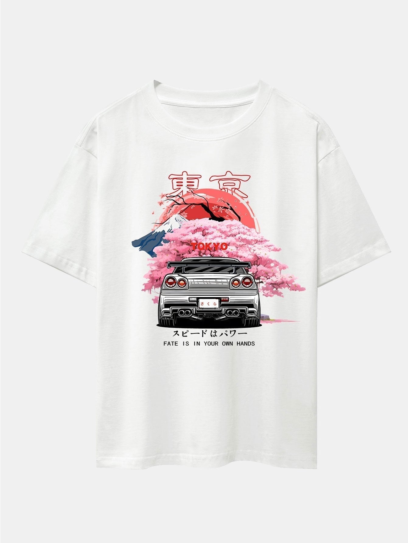 Tokyo Cherry Blossoms Car Print Drop Shoulder Oversize T-Shirt & Corduroy Drawstring Shorts