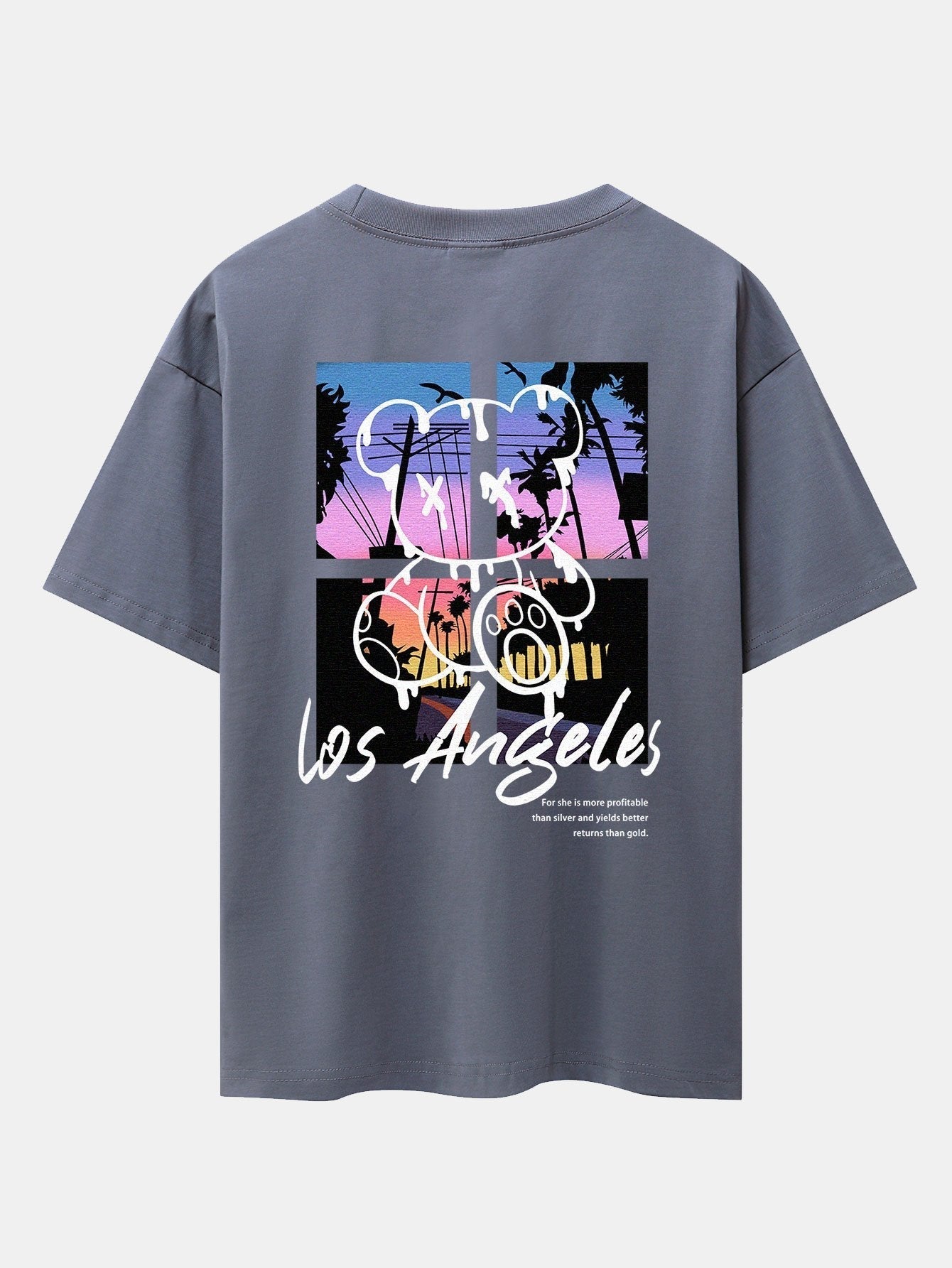 Los Angeles Illustration Bear Print Drop Shoulder Oversize T-Shirt & Patch Pocket Drawstring Shorts