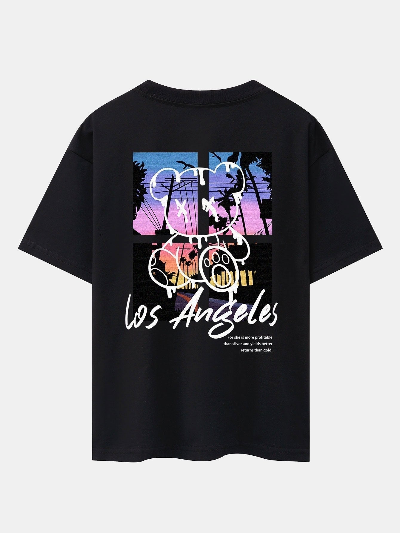 Los Angeles Illustration Bear Print Drop Shoulder Oversize T-Shirt & Patch Pocket Drawstring Shorts