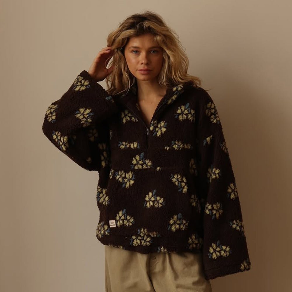 Elena - Pull fleuri en polaire sherpa avec demi-zip