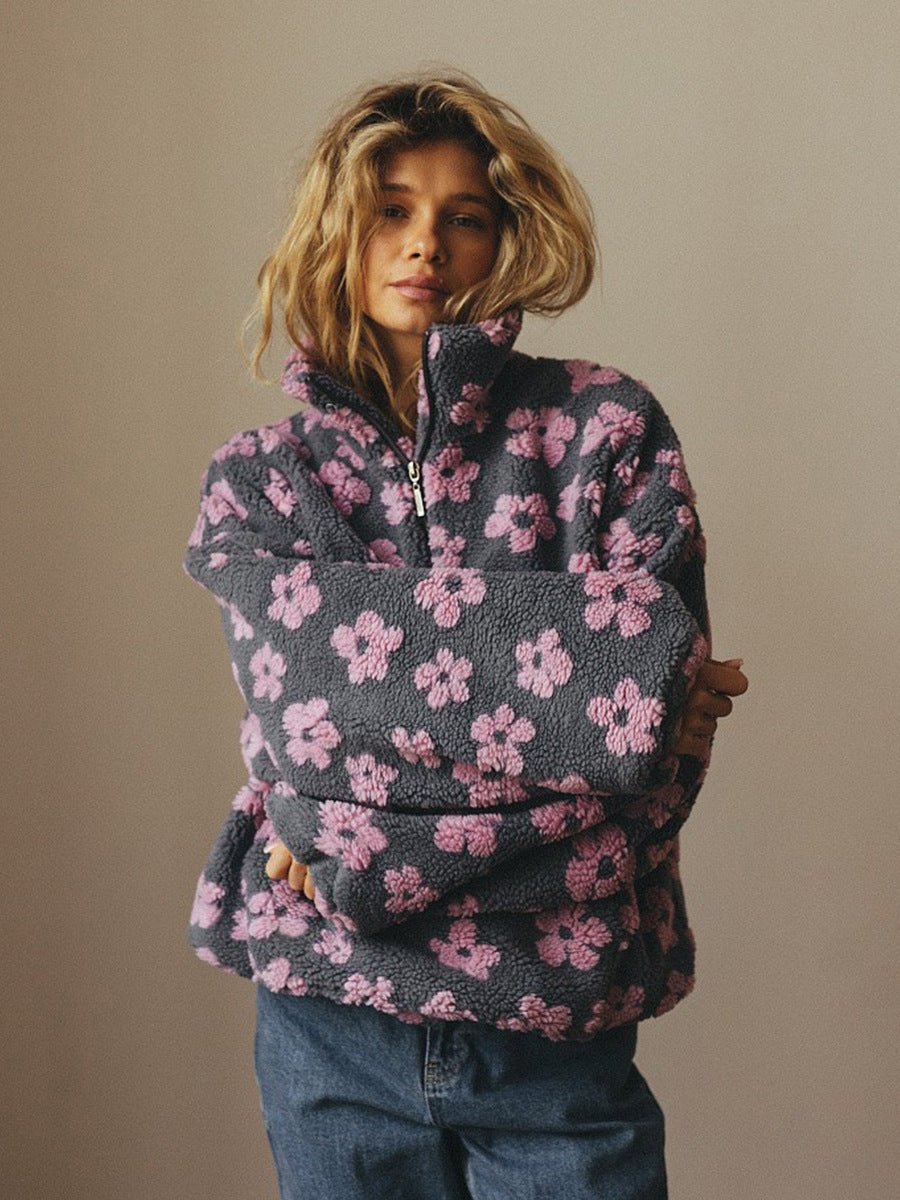 Elena - Pull fleuri en polaire sherpa avec demi-zip