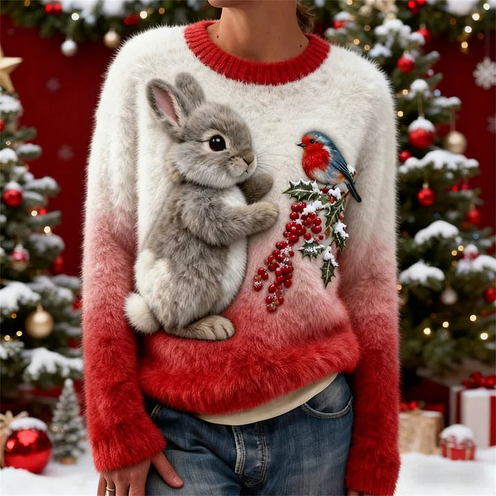 Suzette – Pull en Peluche avec un Lapin de Noël