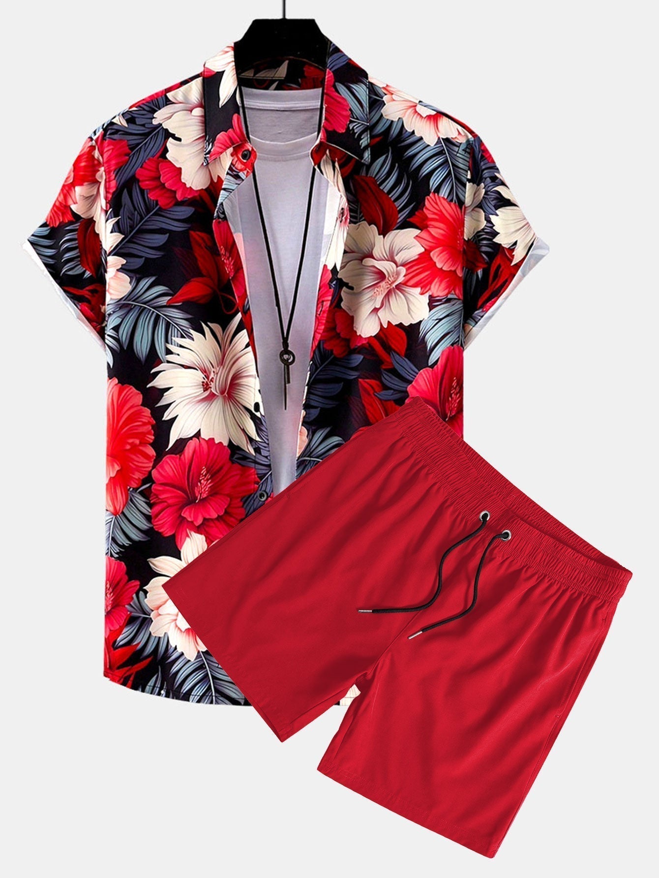 Tropical Flowers Print Button Up Shirt & Solid Drawstring Swim Shorts
