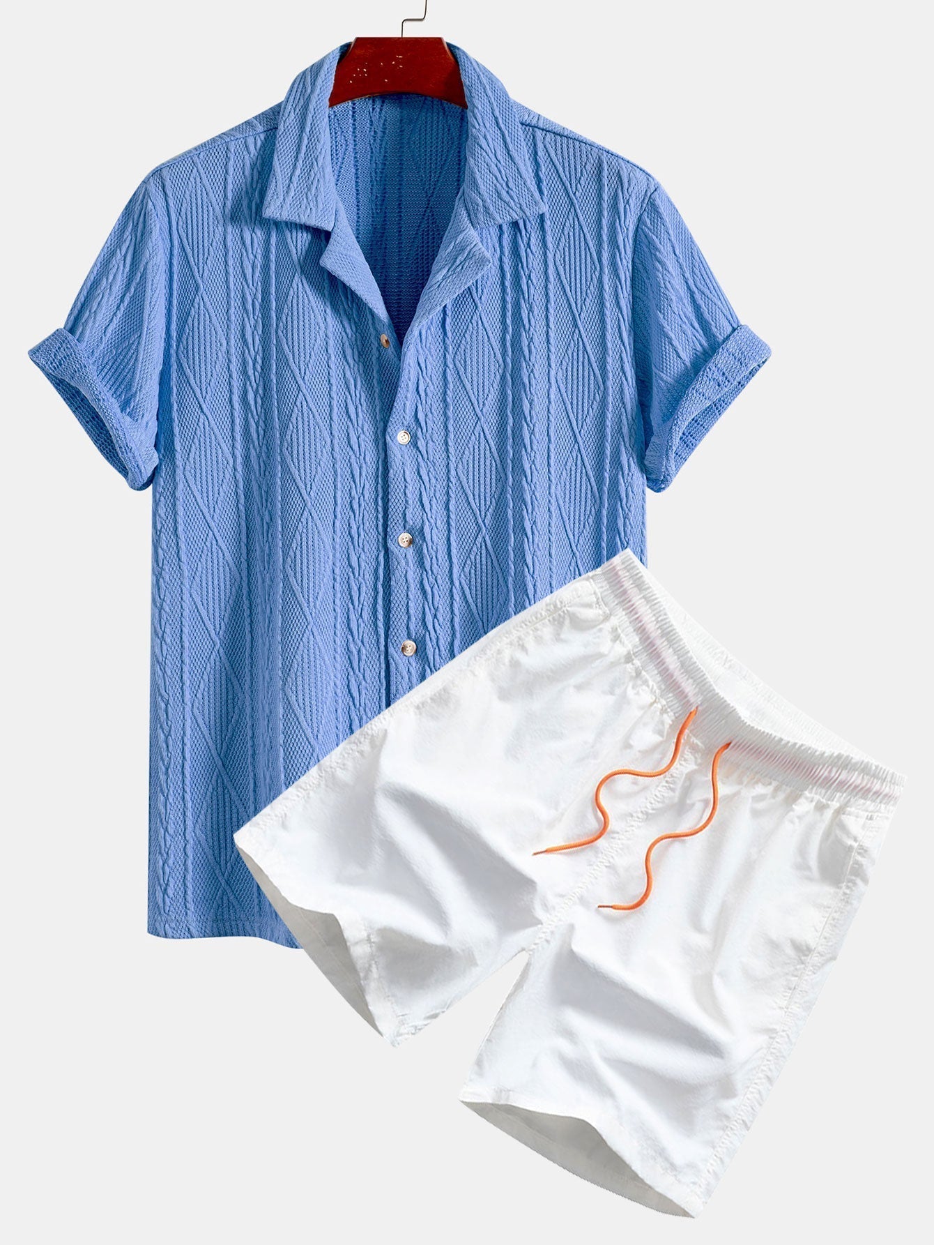 Knitted Geometric Textured Cuban Shirt & Man Mid Length Drawstring Swim Shorts