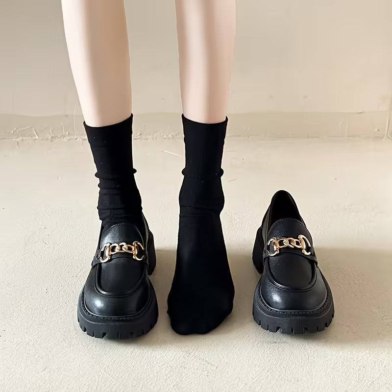 Mocassin Plateforme — Noir / Semelle épaisse / Sans lacets avec talon carré