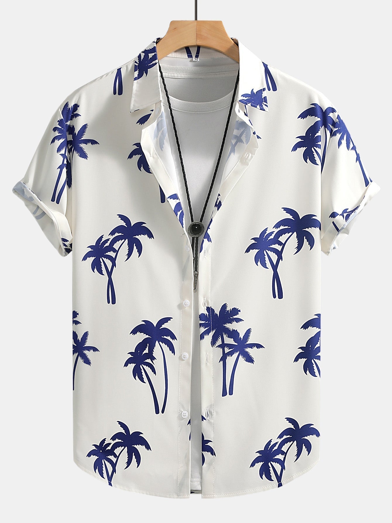 Palm Tree Print Button Up Shirt & Man Mid Length Drawstring Swim Shorts