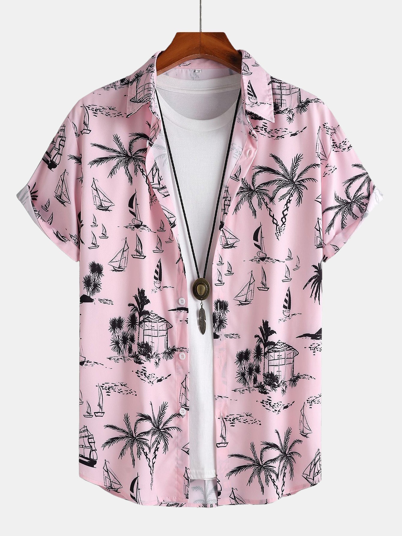 Palm Tree Sailboat Print Button Up Shirt & Swim Shorts