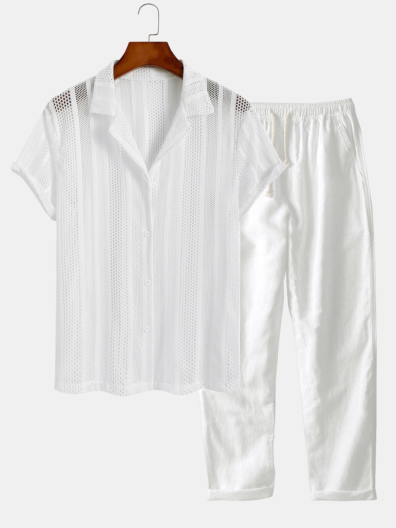 Mesh Textured Shirt & Straight Leg Linen Pants