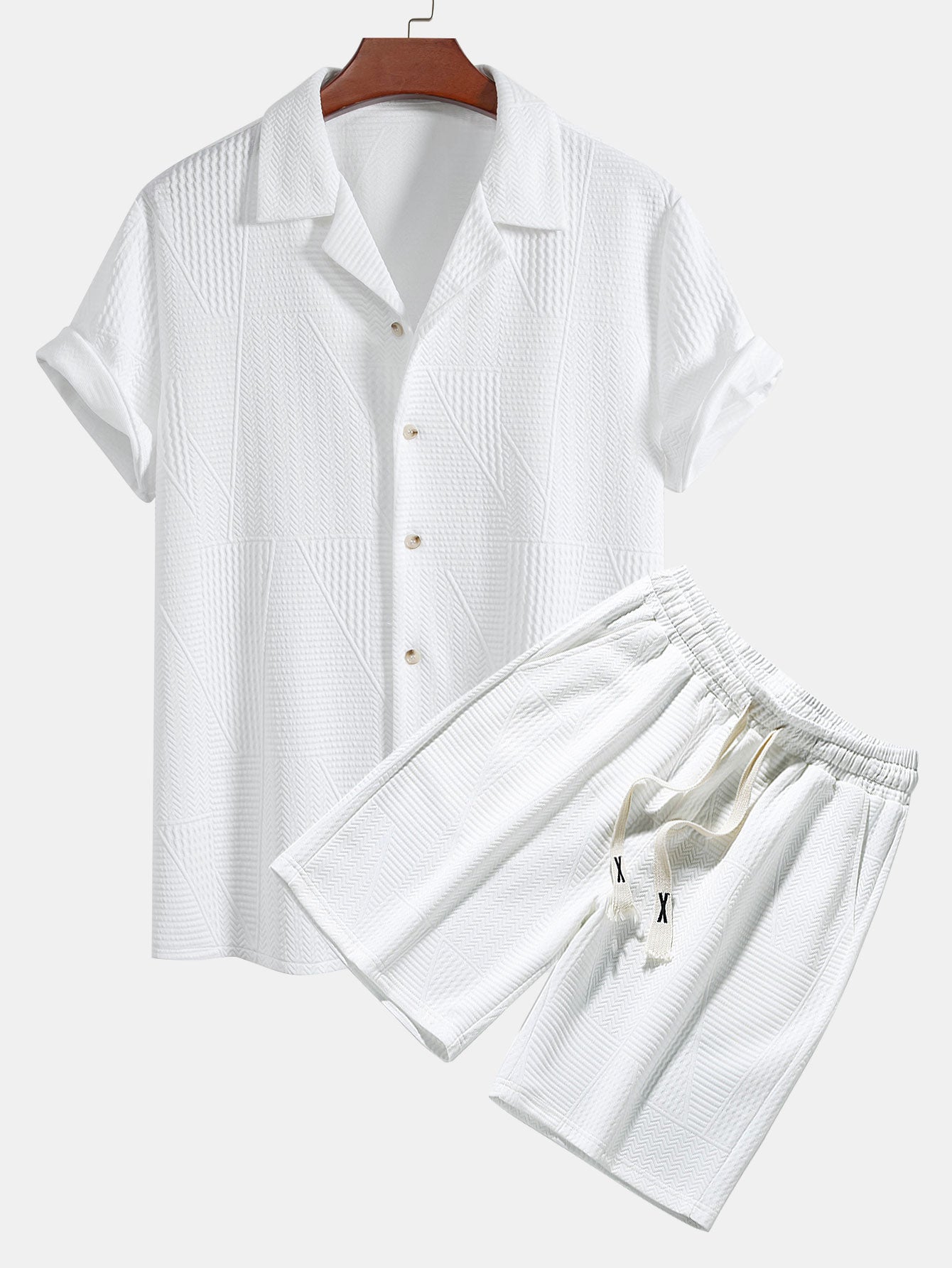 Short Sleeve Geometry Textured Cuban Shirt & Shorts