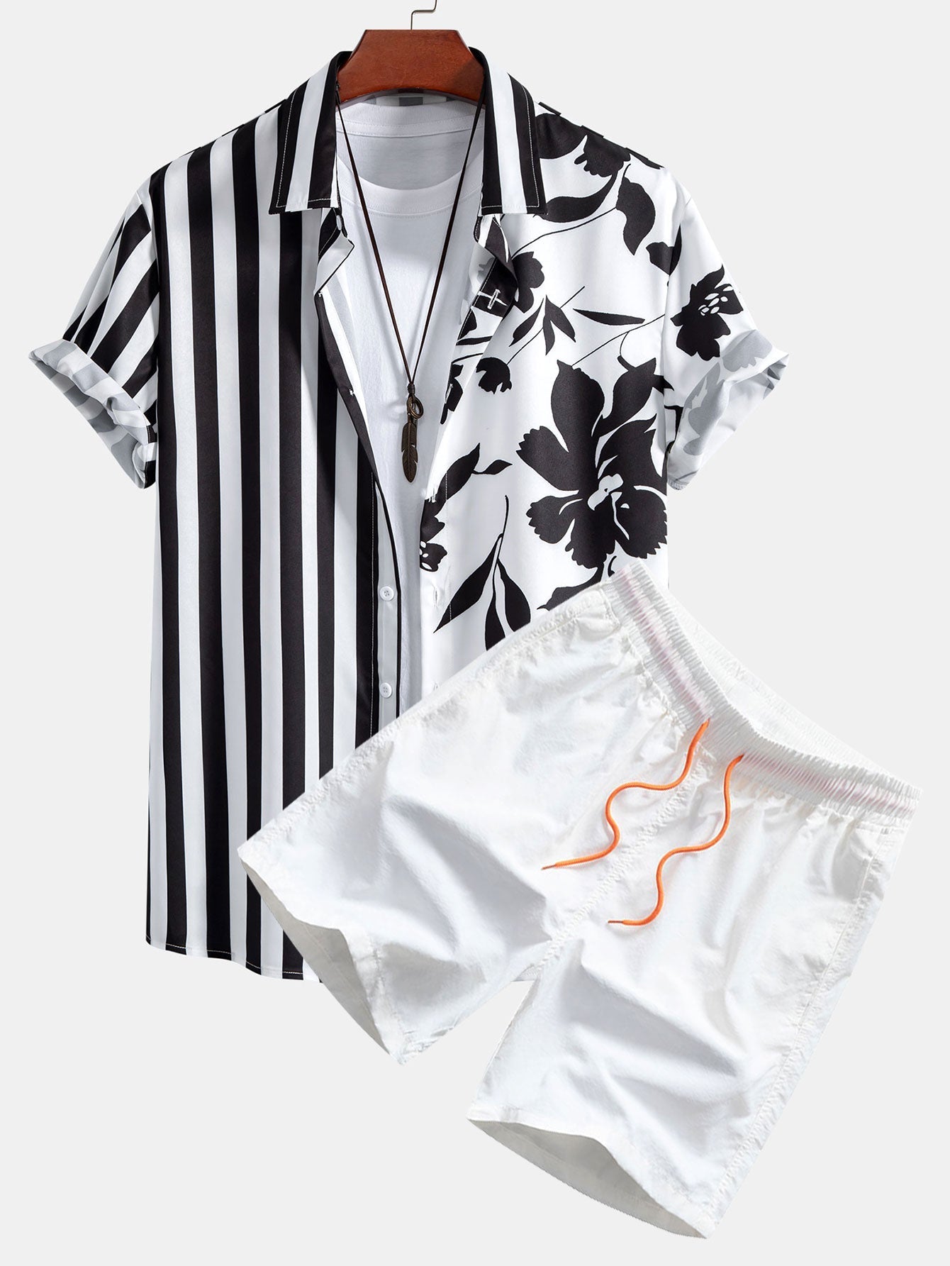 Floral Stripe Patchwork Print Button Up Shirt & Swim Shorts