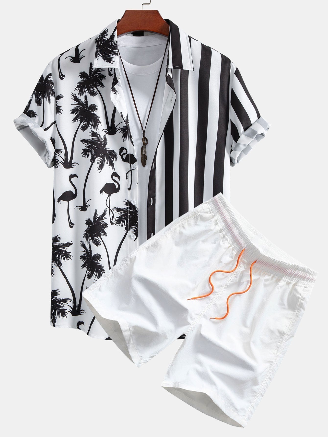 Palm Tree Flamingo Stripe Patchwork Print Button Up Shirt & Swim Shorts