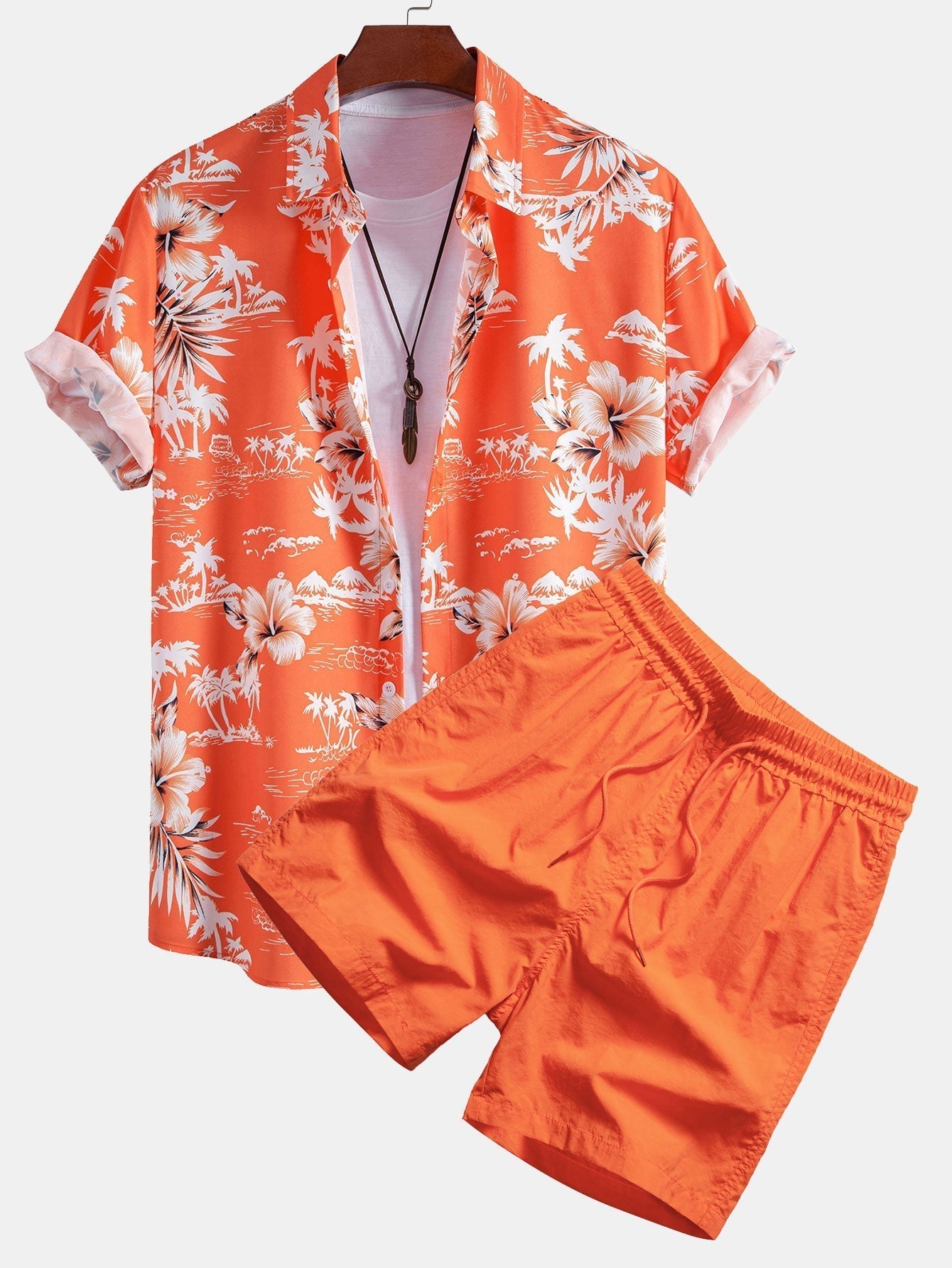 Palm Tree Tropical Flora Print Button Up Shirt & Swim Shorts