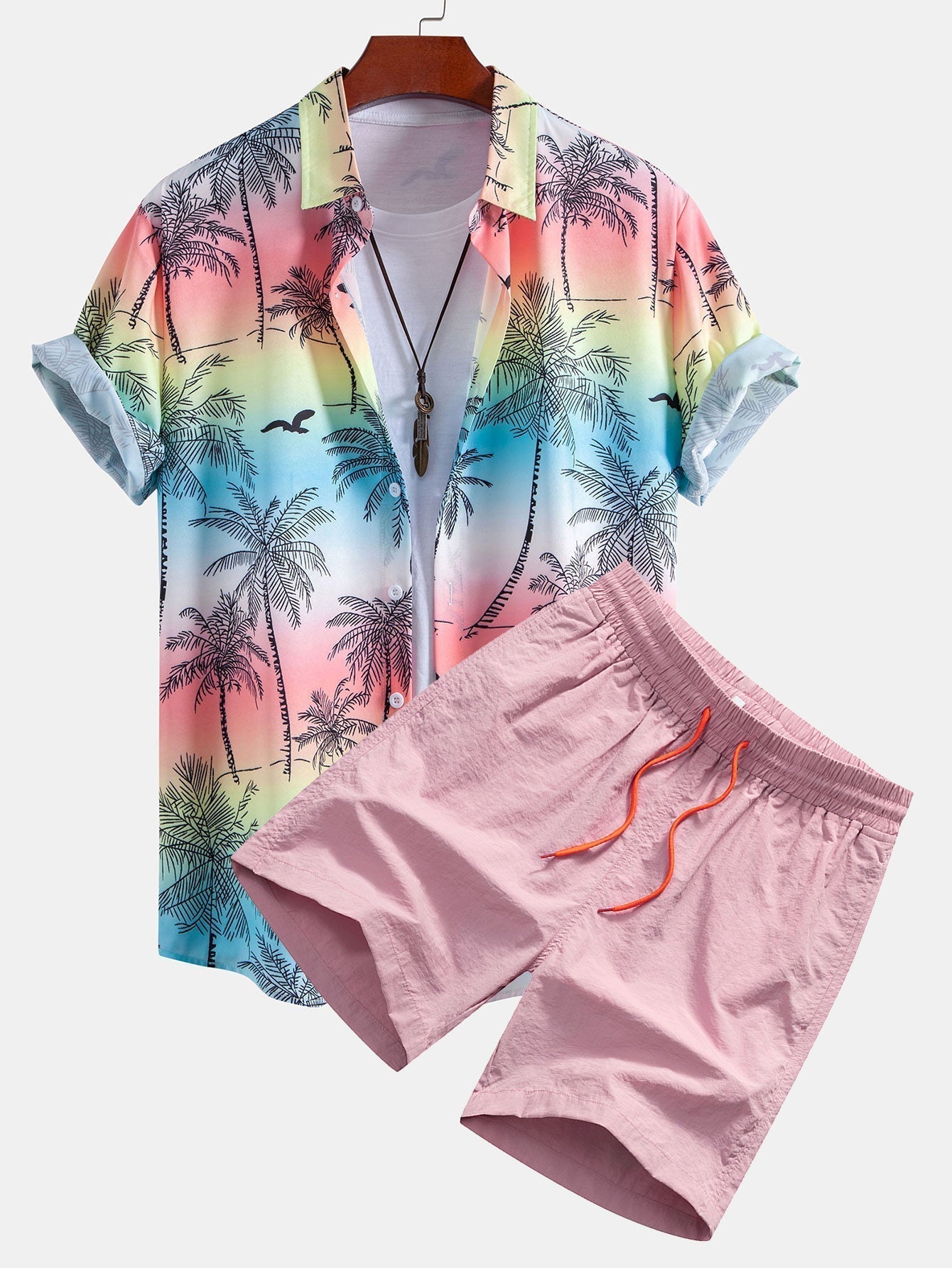 Palm Tree Seagull Print Button Up Shirt & Swim Shorts