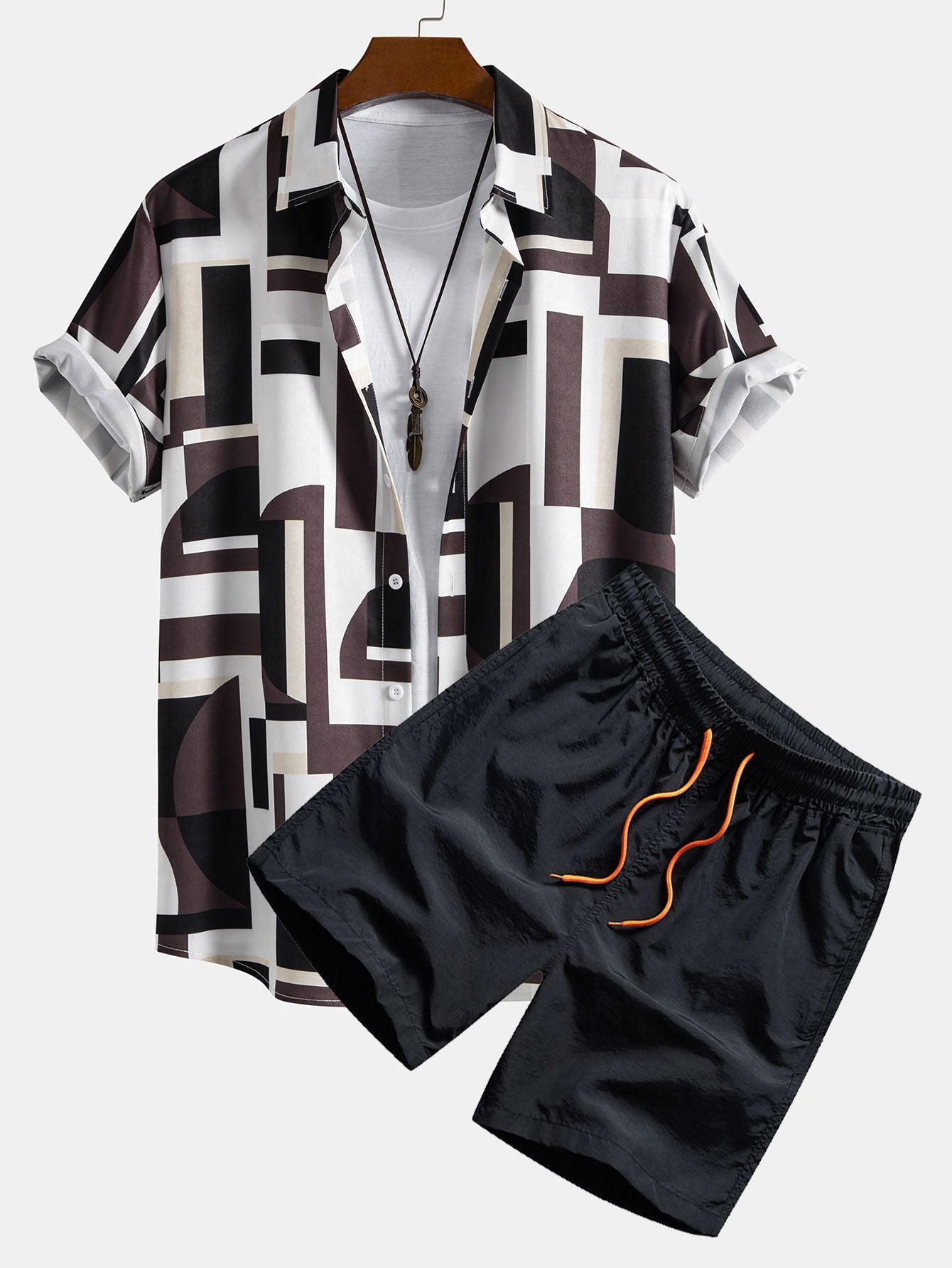 Geometry Colorblock Print Button Up Shirt & Swim Shorts